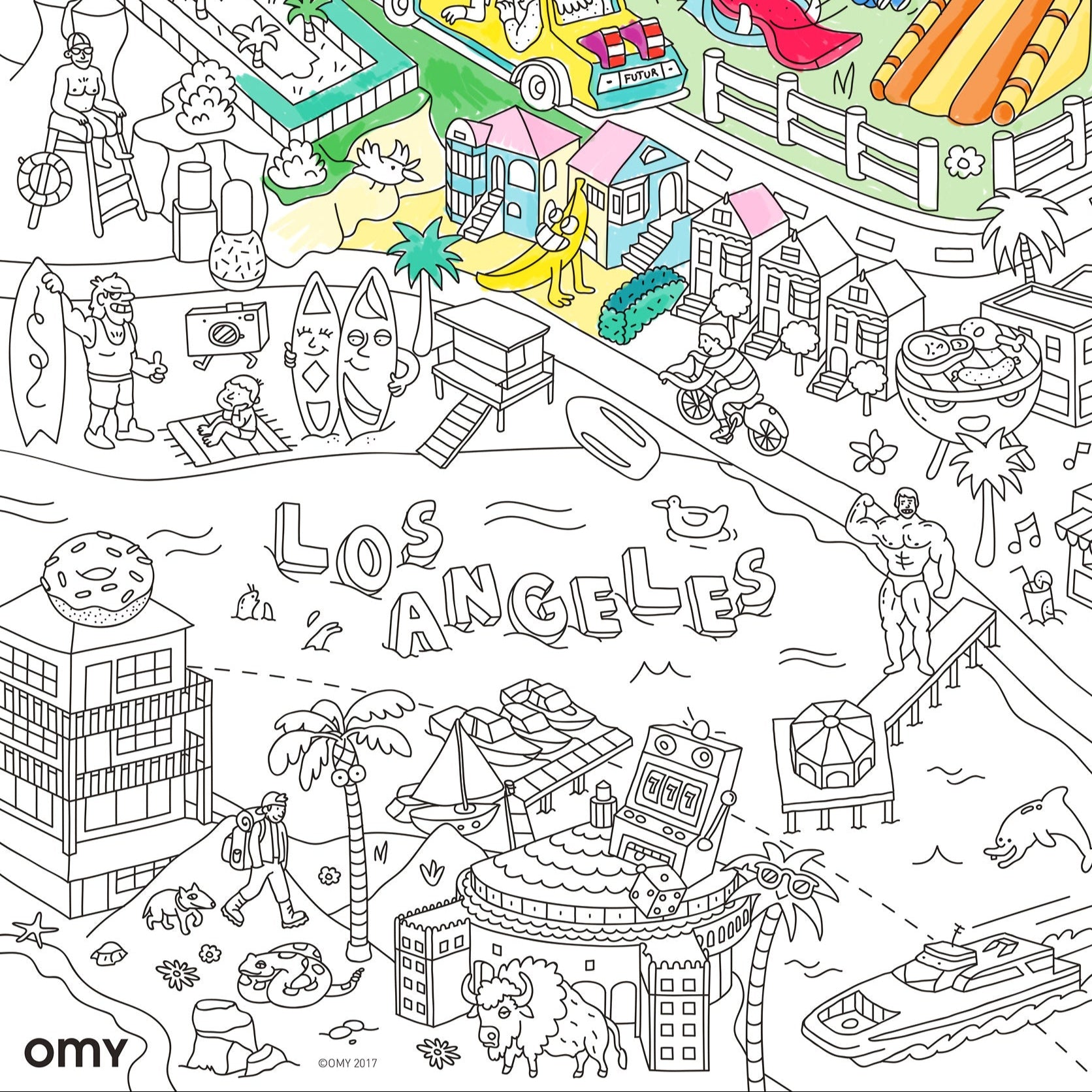 Zoom sur le coloriage du poster Los Angeles – plages, collines, Hollywood et plus