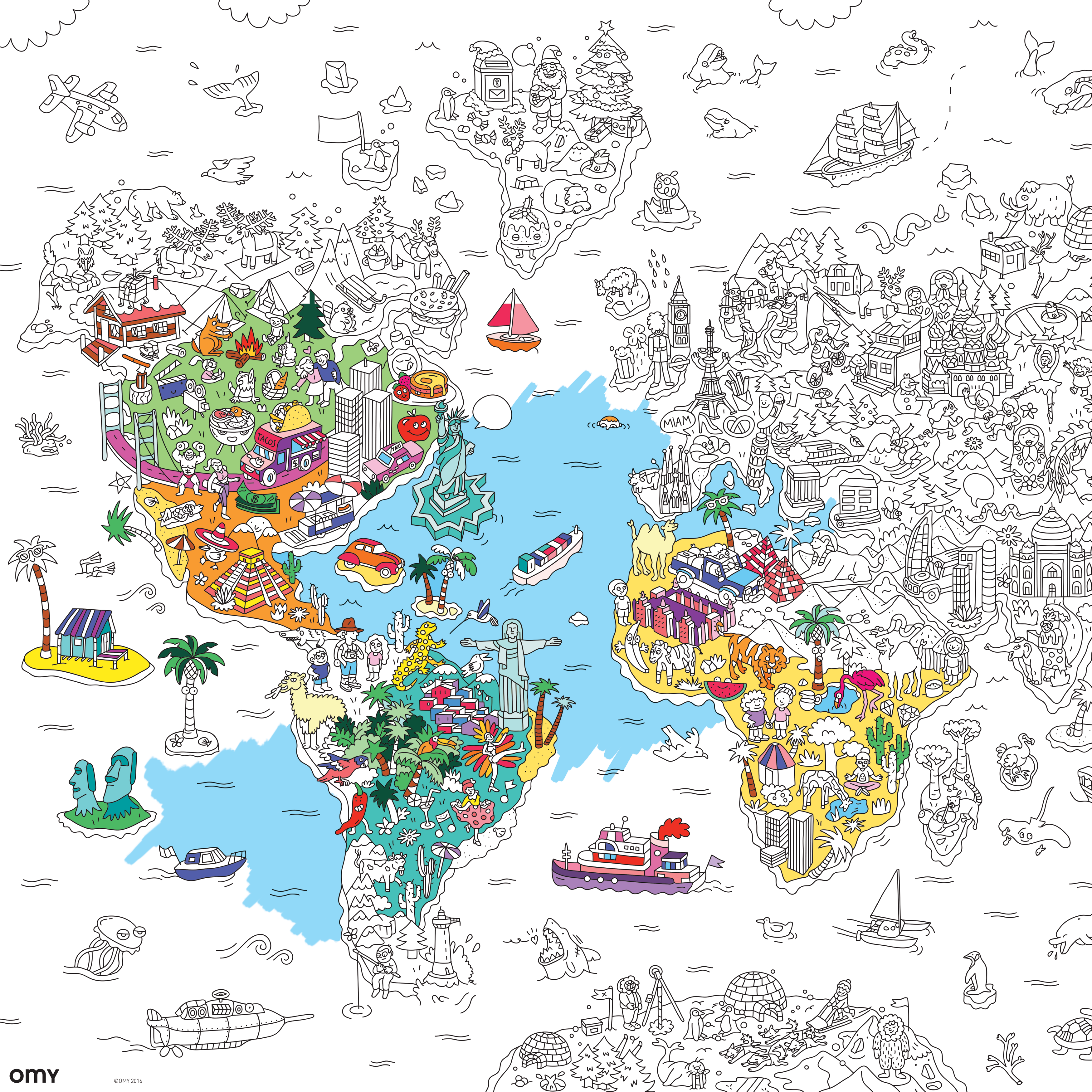 Poster géant OMY Atlas colorié – carte du monde ludique à colorier pour enfant, activité pédagogique autour de la planète