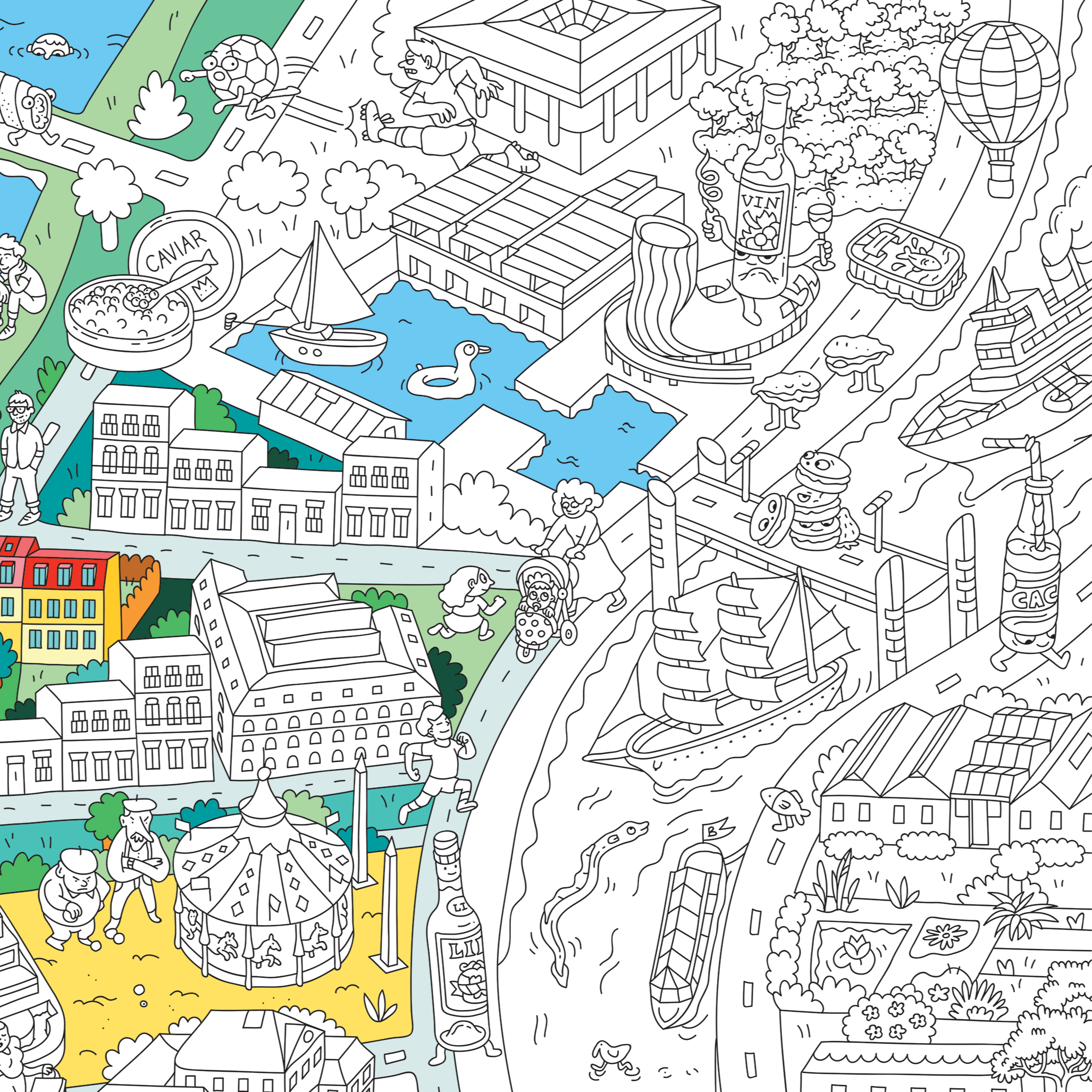 Primer plano del póster gigante Bordeaux para colorear: Cité du Vin, mercado des Capucins, Bassin des Lumières y el Garona.