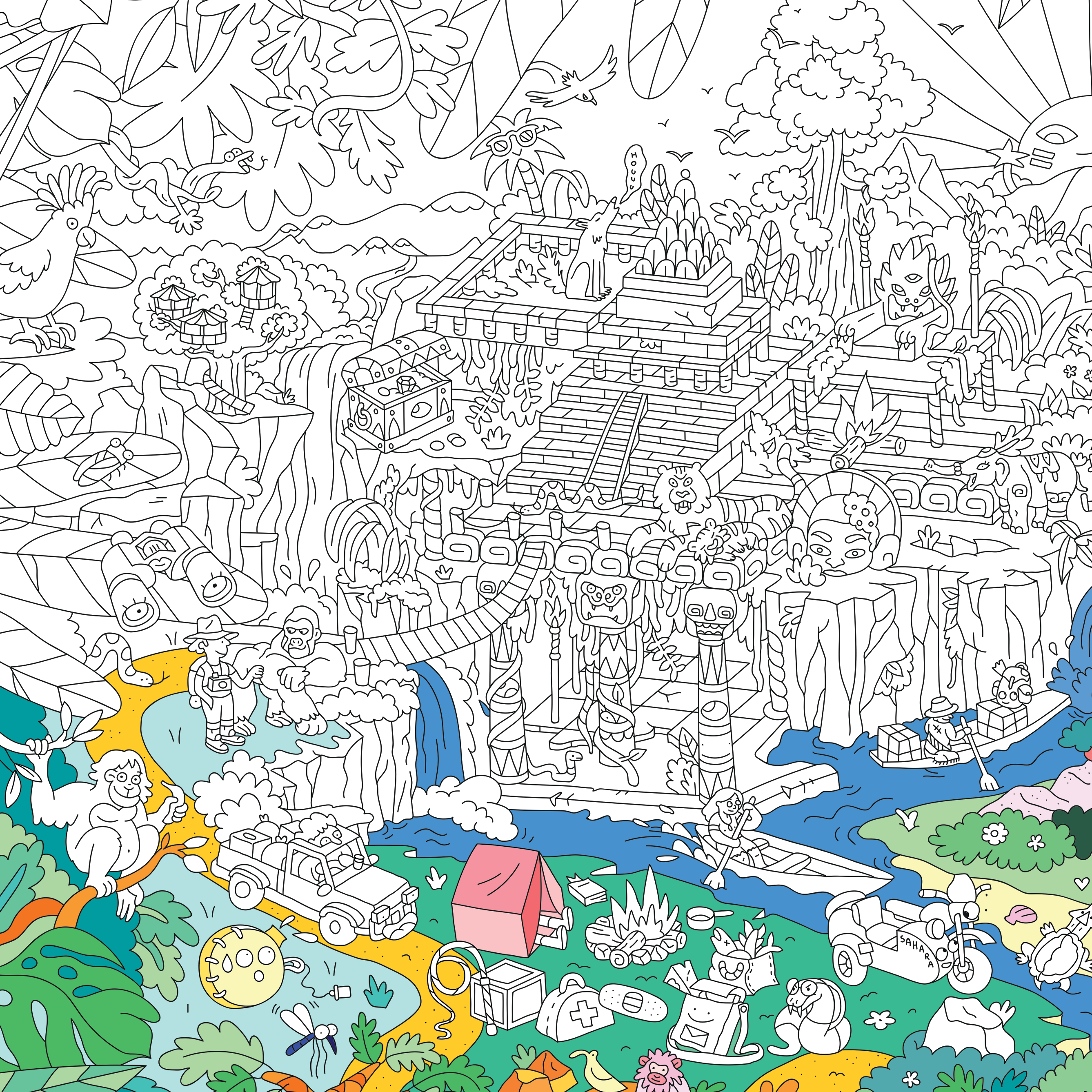 Zoom sur le coloriage Jungle OMY – détails d’animaux sauvages et plantes exotiques