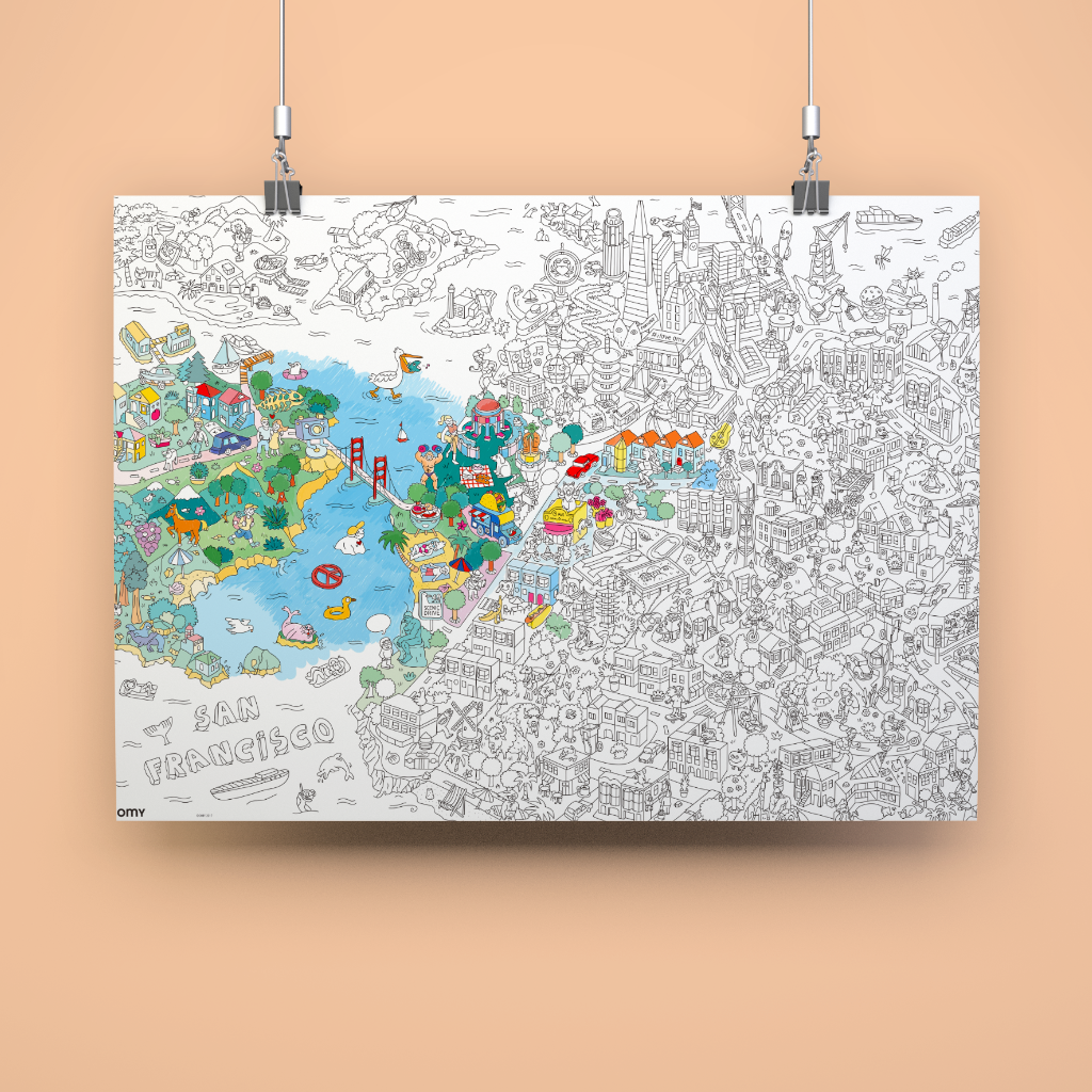 Poster à colorier San Francisco OMY suspendu – plan illustré avec détails graphiques