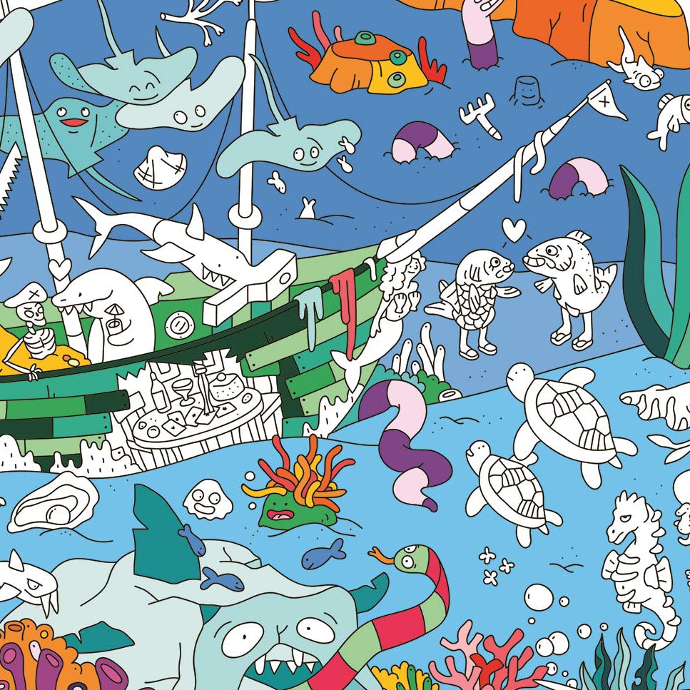 Vue colorée du poster géant Océan avec dauphins, poissons et créatures marines