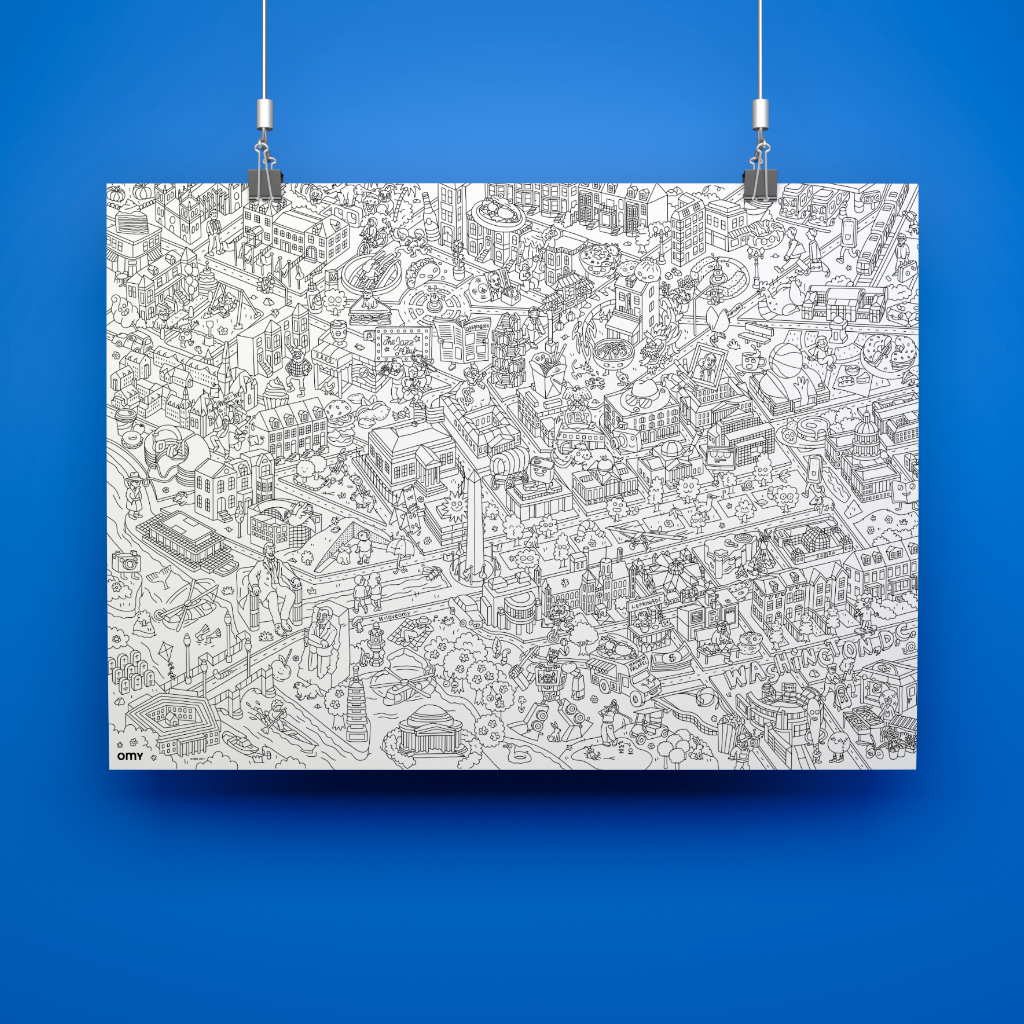 Poster géant à colorier Washington OMY suspendu – carte illustrée en noir et blanc