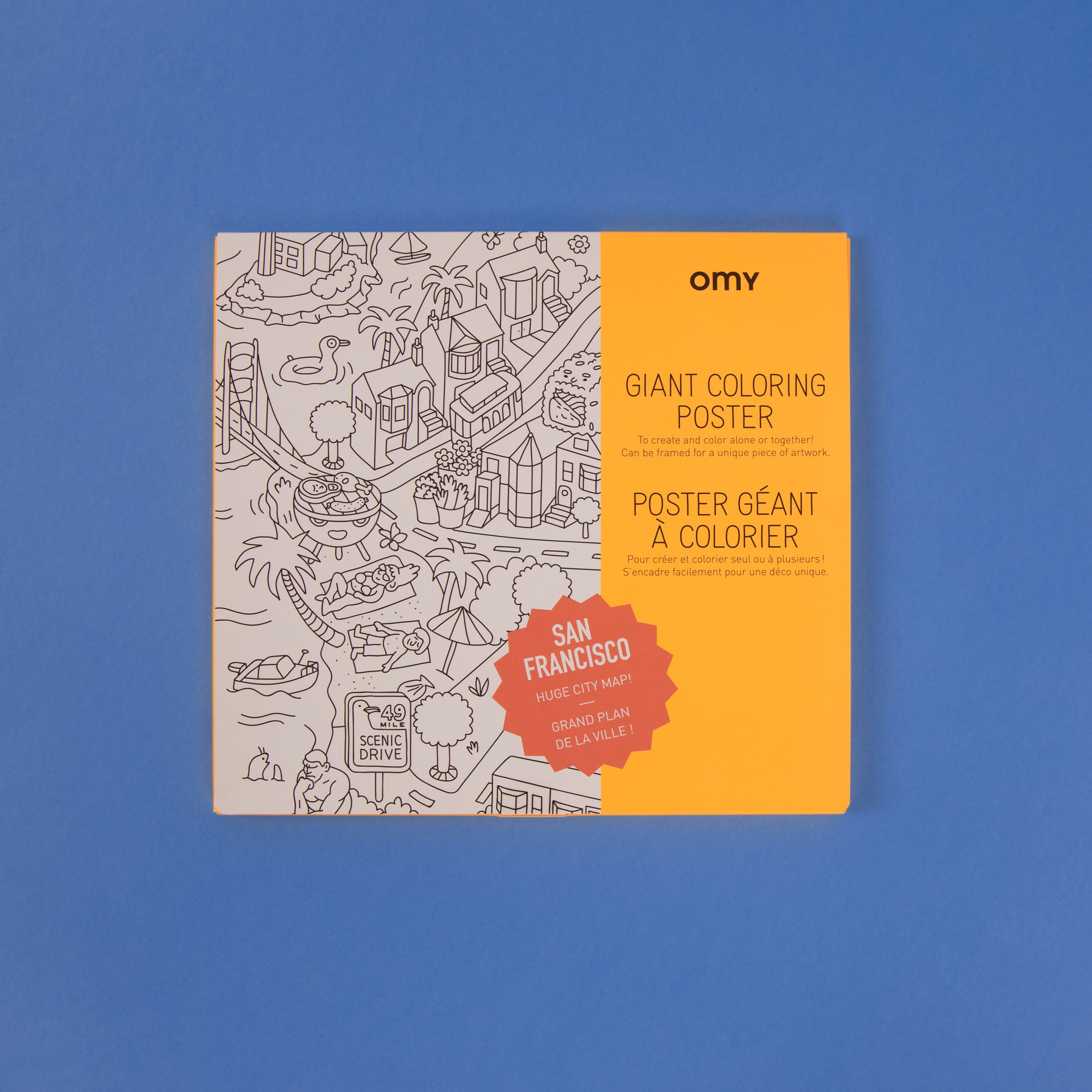 Pochette du poster géant San Francisco à colorier – fond bleu avec extrait du plan