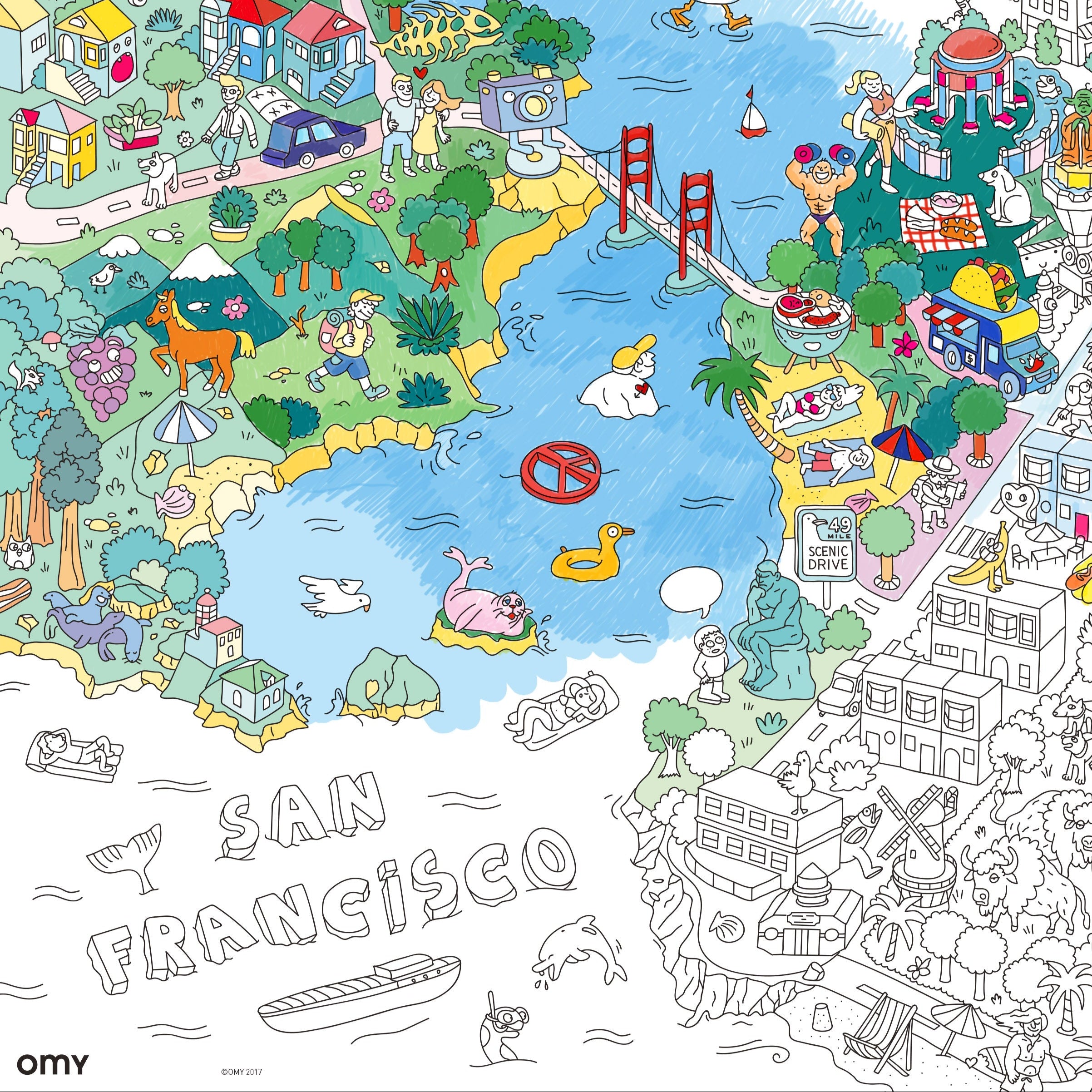 Poster San Francisco colorié – pont du Golden Gate, rues et monuments emblématiques OMY coloriage