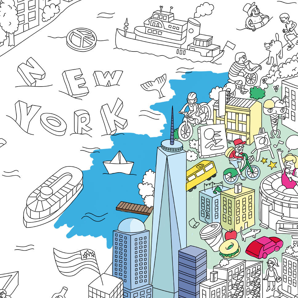 Poster di New York da colorare – illustrazione urbana dettagliata con taxi, edifici e passanti. Poster OMY di New York da colorare – One World Trade Center e fiume Hudson parzialmente colorati