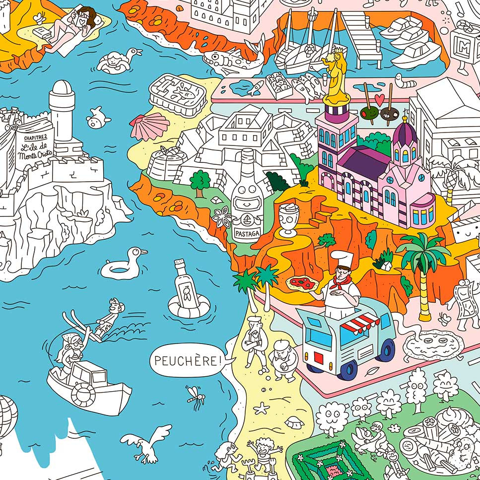 Ilustración coloreada del póster OMY Marsella para colorear, con monumentos famosos y el mar Mediterráneo