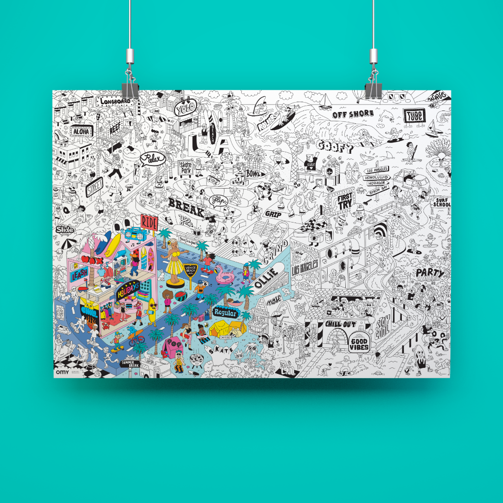 Poster géant suspendu illustrant des skateurs et surfeurs en pleine action OMY