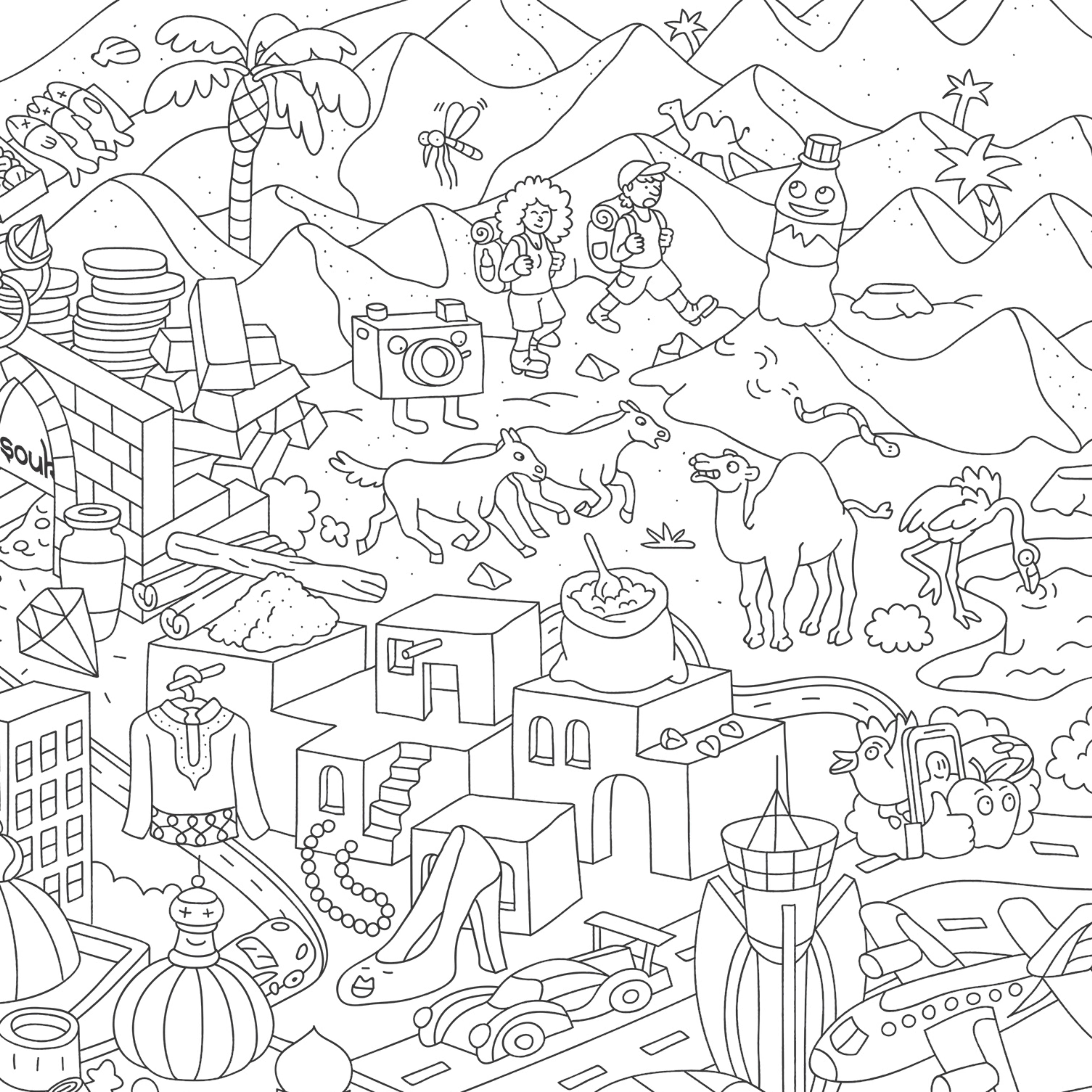 Vue détaillée du poster Dubai à colorier avec résidences et désert en fond