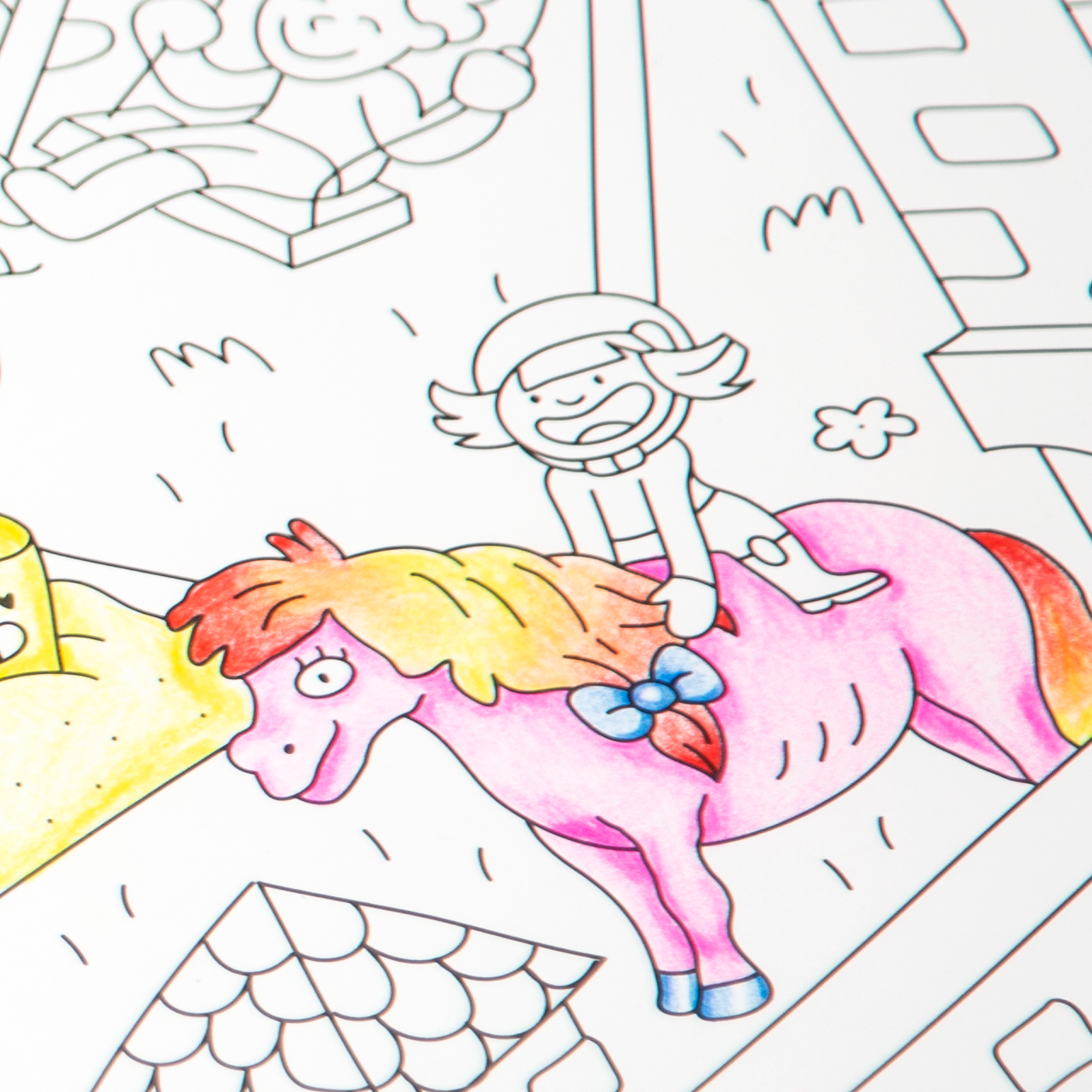 Lebendige, bunte Szene aus dem Poster „Kids Life“ von OMY mit Schule, Spielen und Park