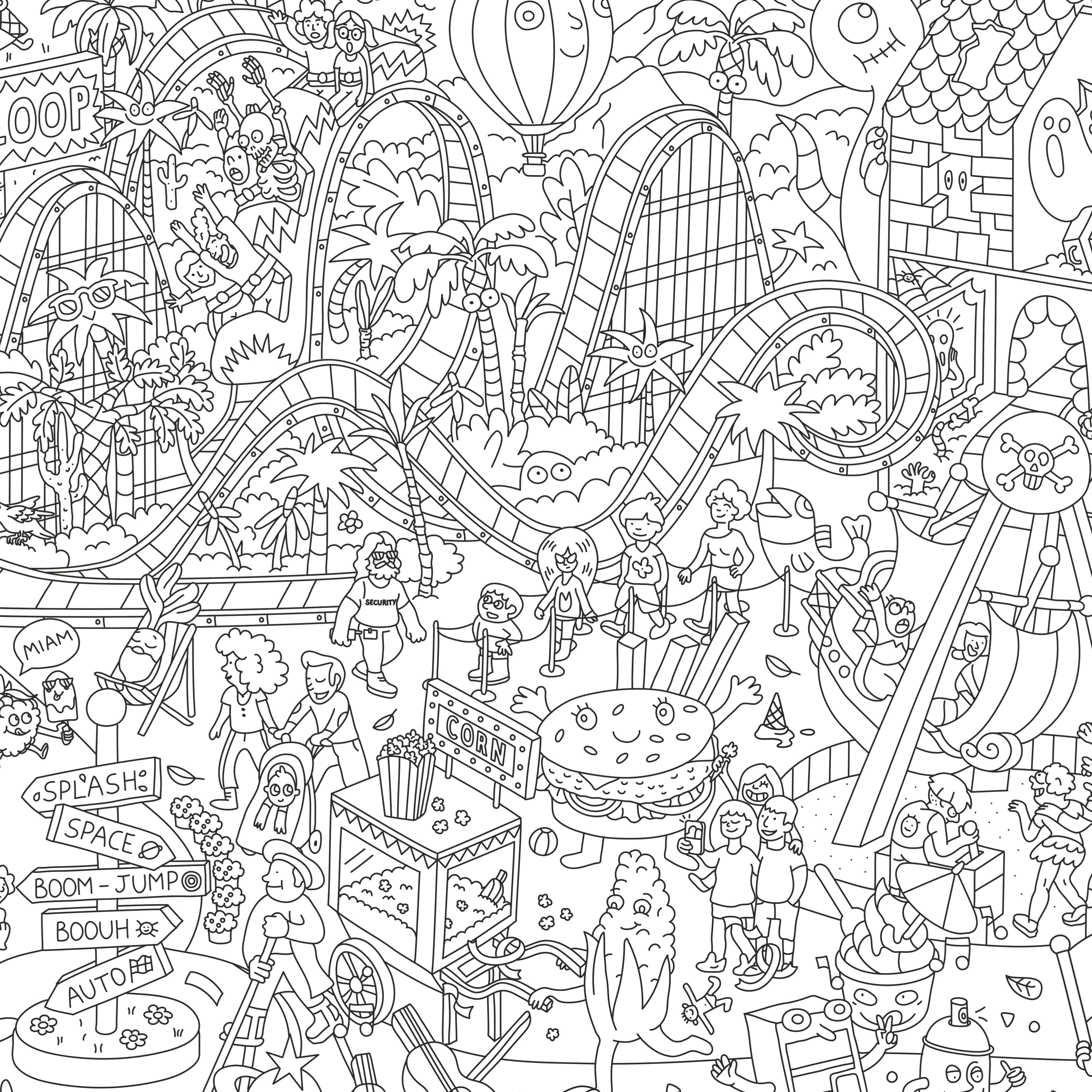 Poster géant à colorier Fun Park en noir et blanc, rempli de scènes de fête foraine