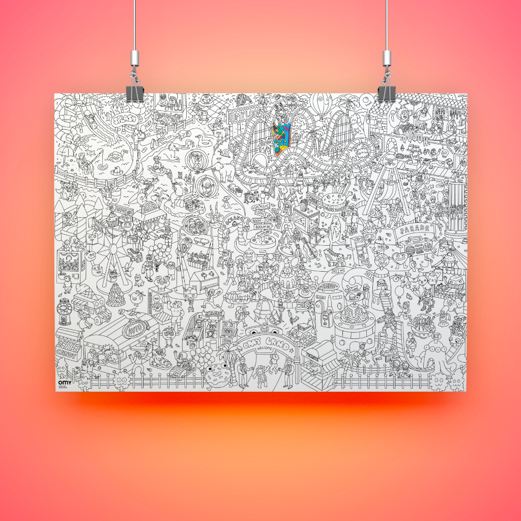 Poster "Fun Park" suspendu, version à colorier avec manèges et grande roue