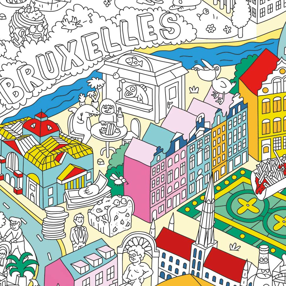 Illustration colorée du poster géant à colorier Bruxelles par OMY, représentant les monuments emblématiques et scènes de vie de la ville en version ludique pour enfants