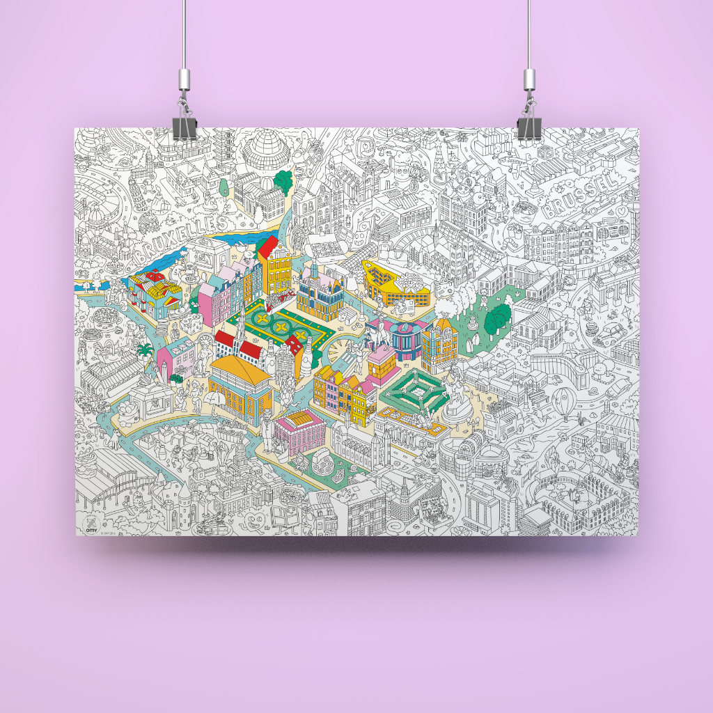Poster géant Bruxelles OMY suspendu, aperçu colorié de la ville