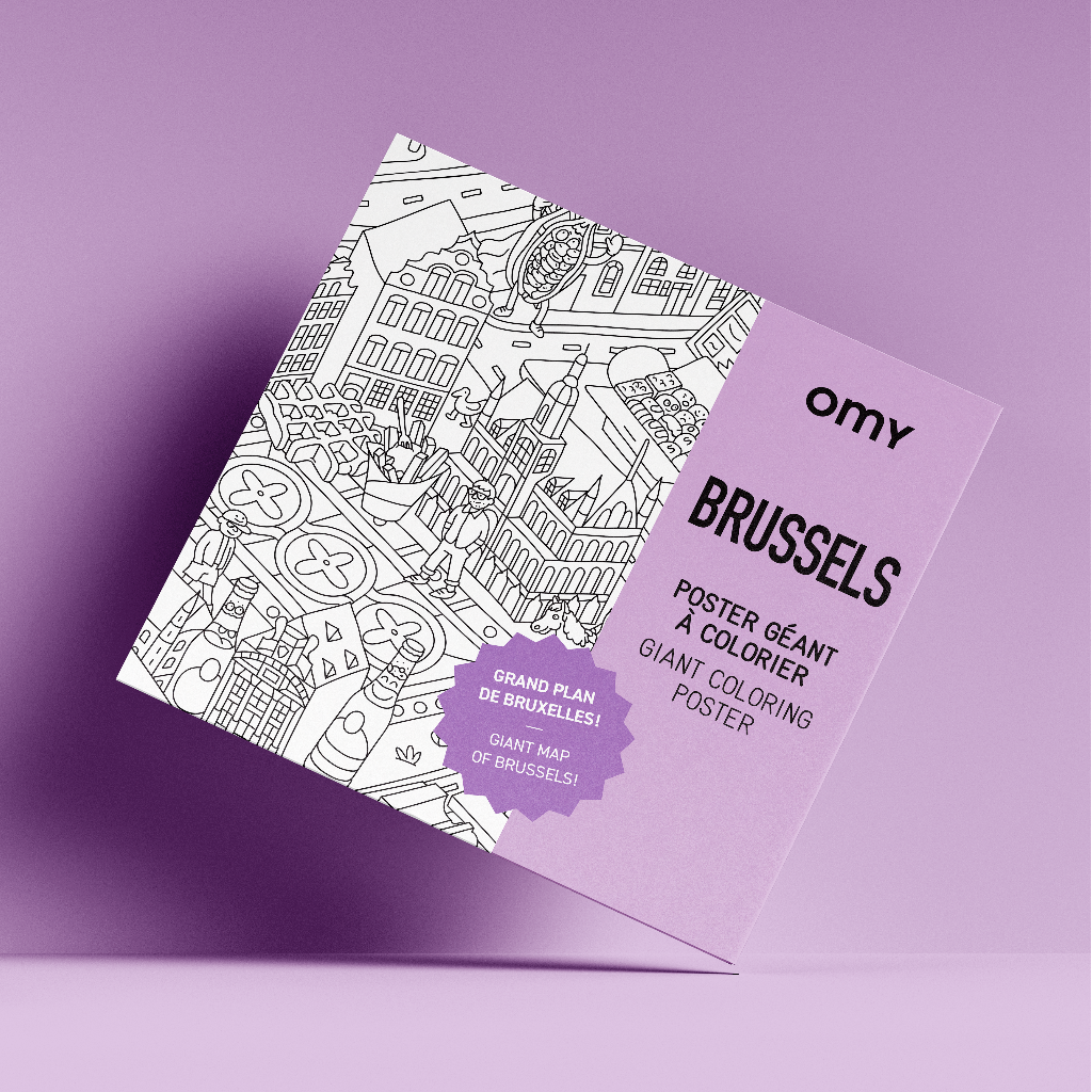 Boîte du poster géant à colorier Bruxelles par OMY, fond violet, design ludique