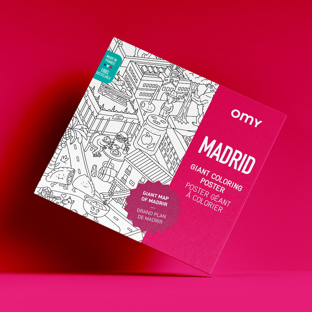 Boîte du poster géant à colorier Madrid par OMY sur fond rose fuchsia
