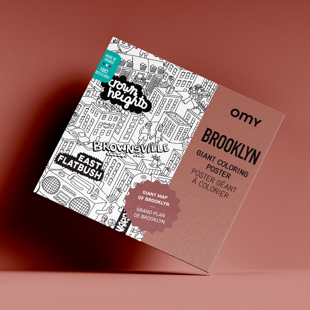 Packaging du poster géant à colorier Brooklyn OMY sur fondmarron, design illustré