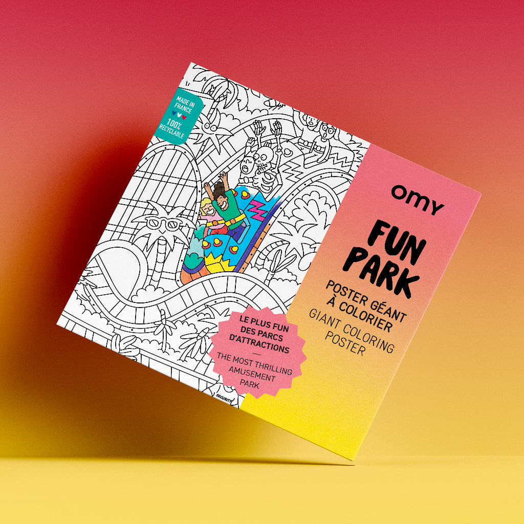 Packaging du poster géant OMY "Fun Park", ambiance fête foraine en rose et jaune