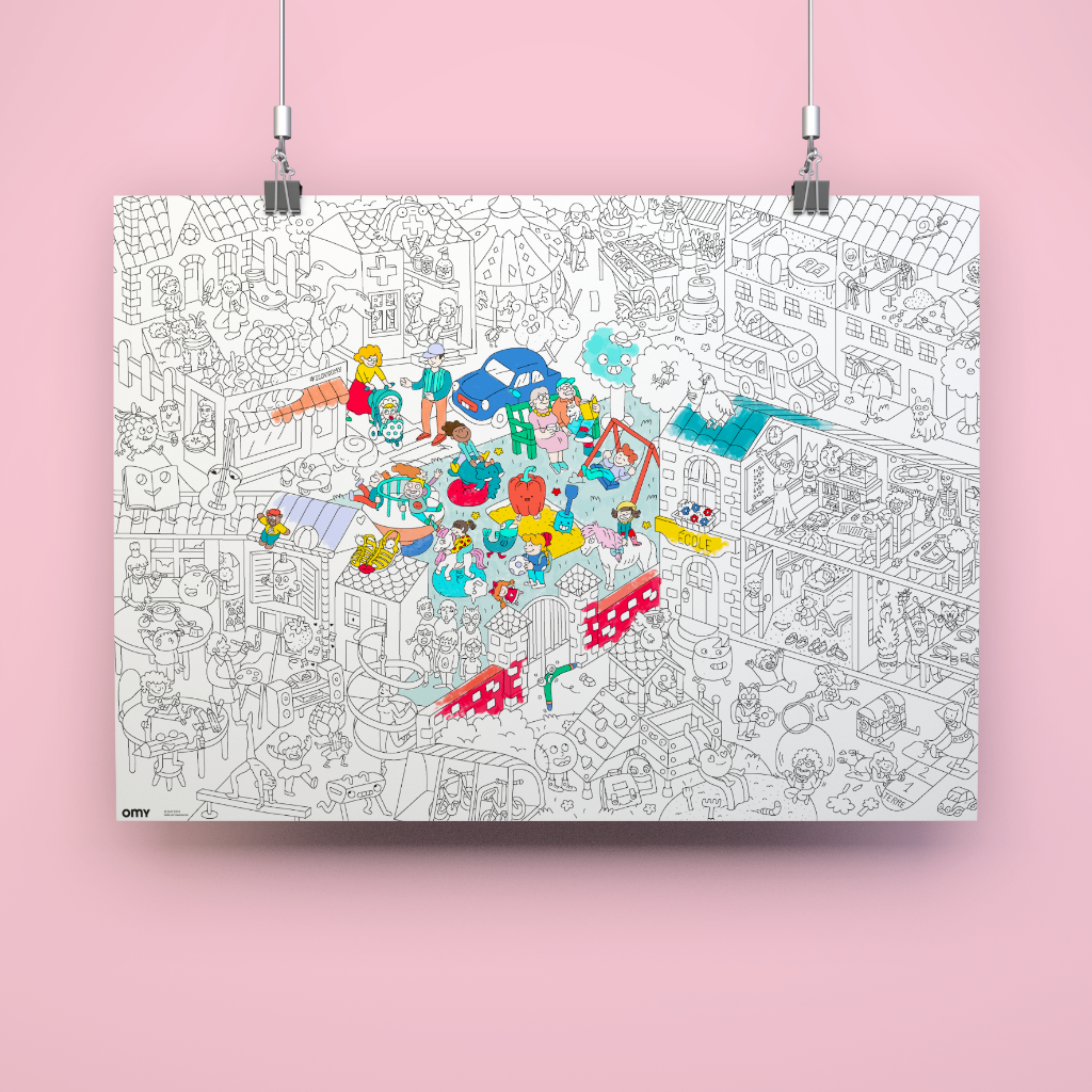Ausmalposter „Kids Life“ aufgehängt, Schwarz-Weiß-Version, voller verspielter Details