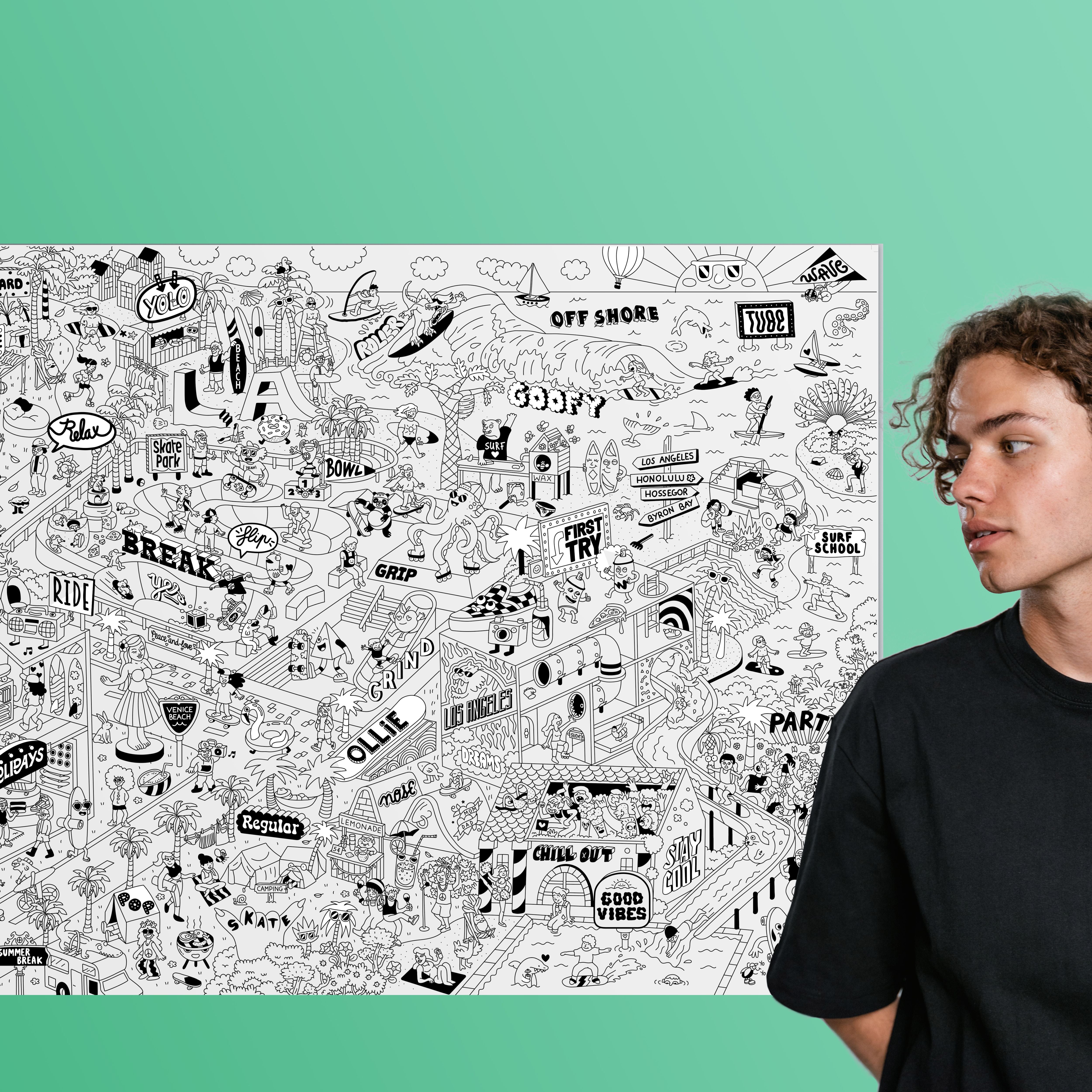 Affiche posée avec ado prêt à colorier, fond turquoise vitaminé