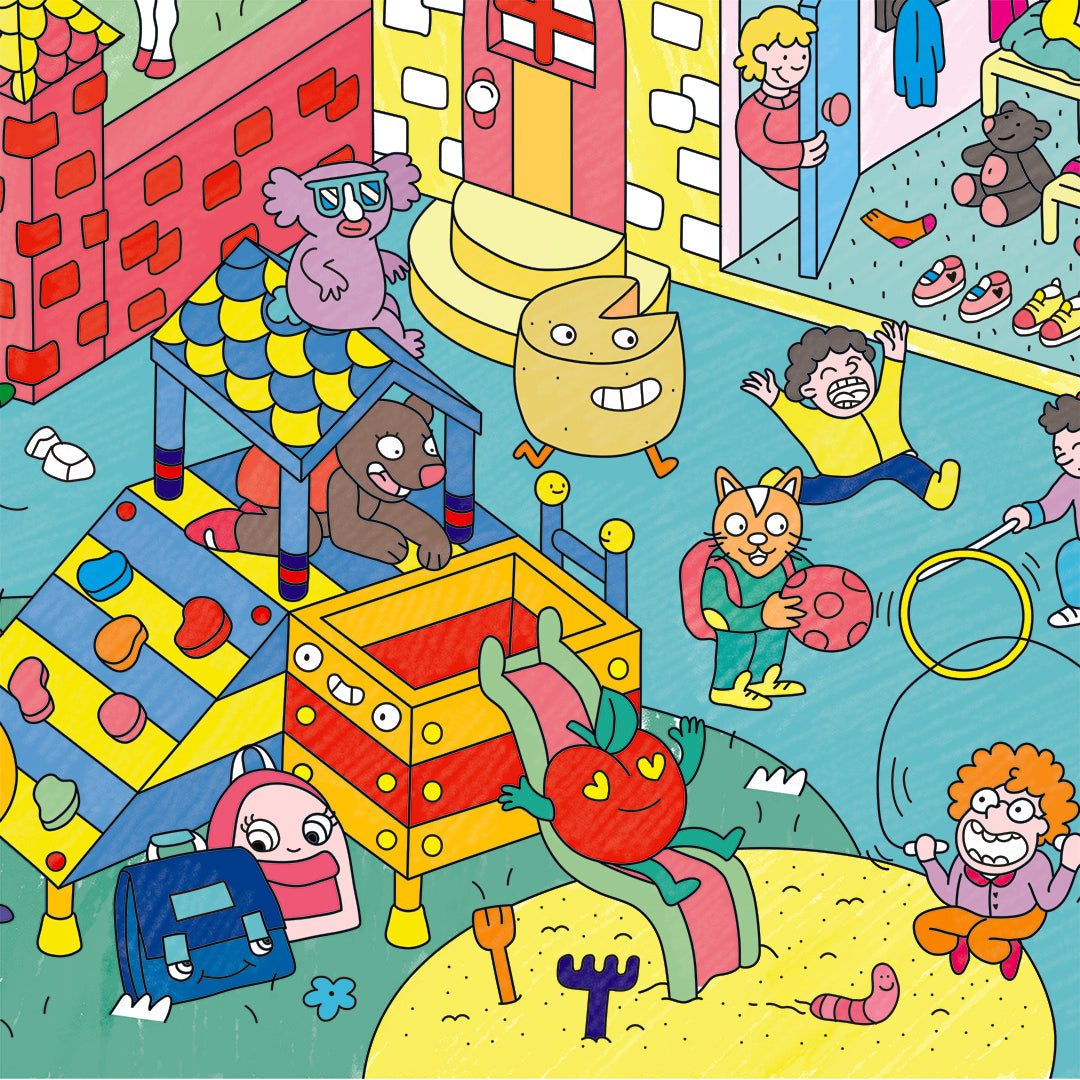 Vollständig ausgemaltes Poster „Kids Life“ von OMY, Gesamtansicht der kindlichen, bunten Details