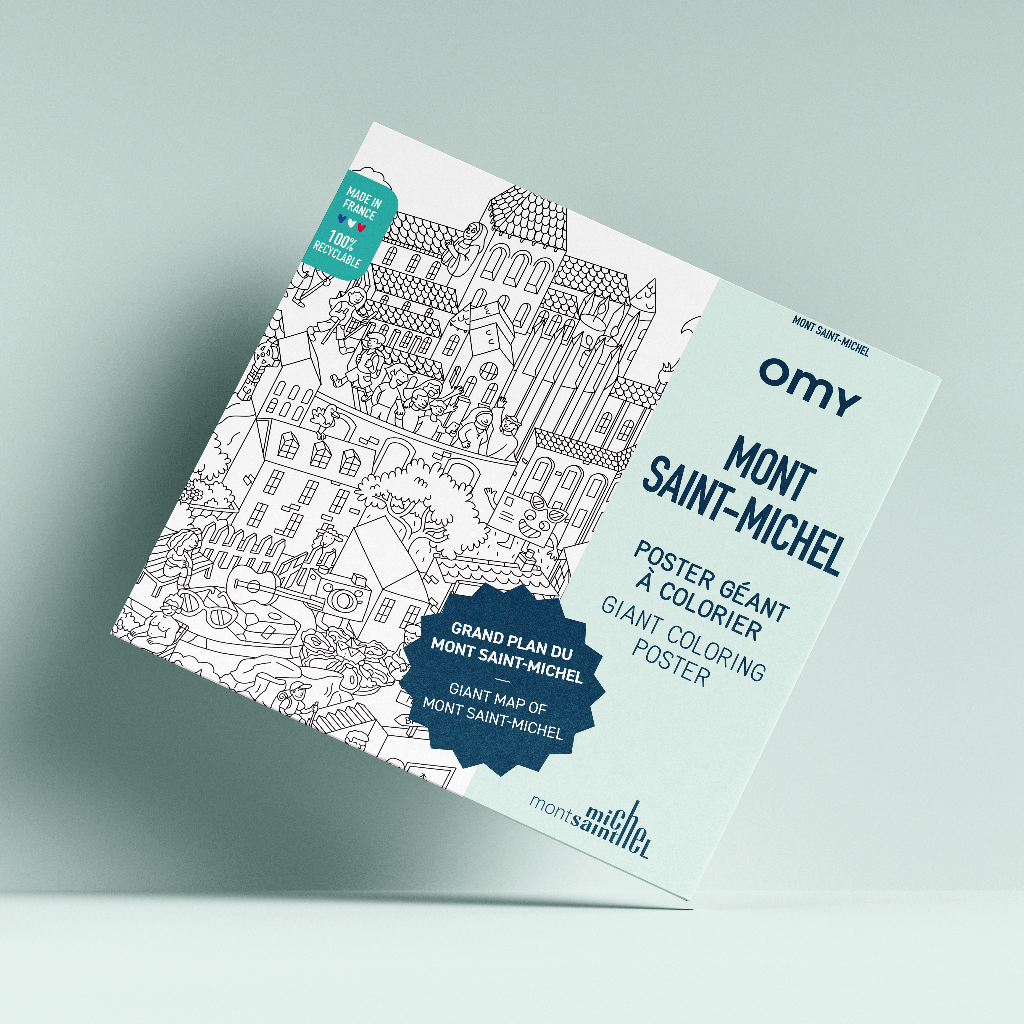 Packaging du poster géant à colorier OMY "Mont Saint-Michel" sur fond bleu clair