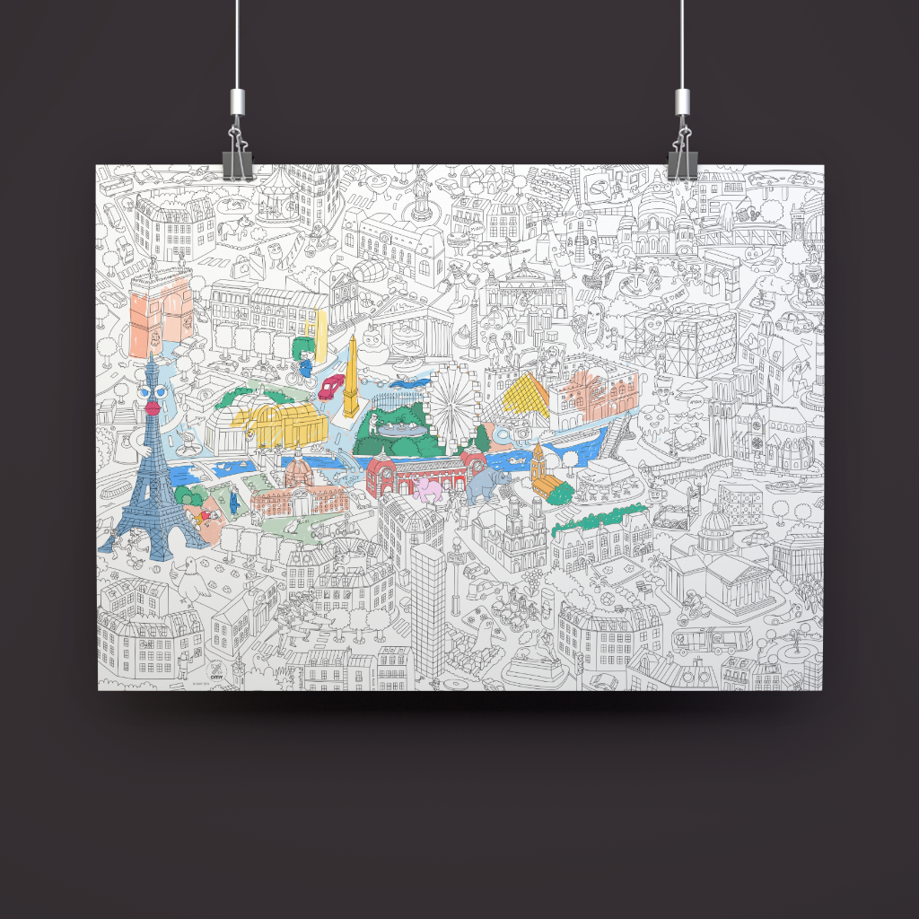 Riesenposter Paris zum Ausmalen, aufgehängt, mit bekannten Wahrzeichen