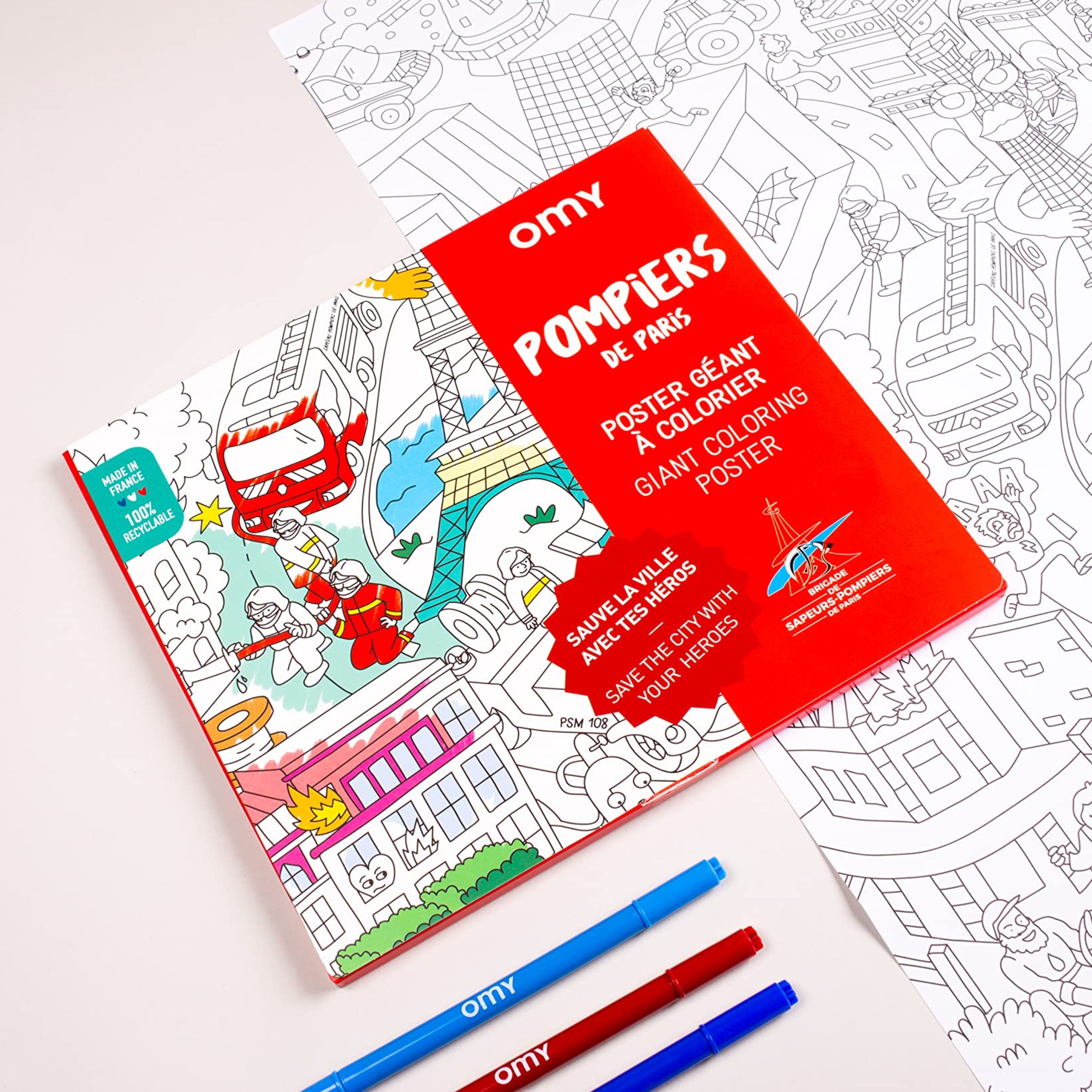 Pack poster géant Pompiers avec crayons de couleur sur fond rouge