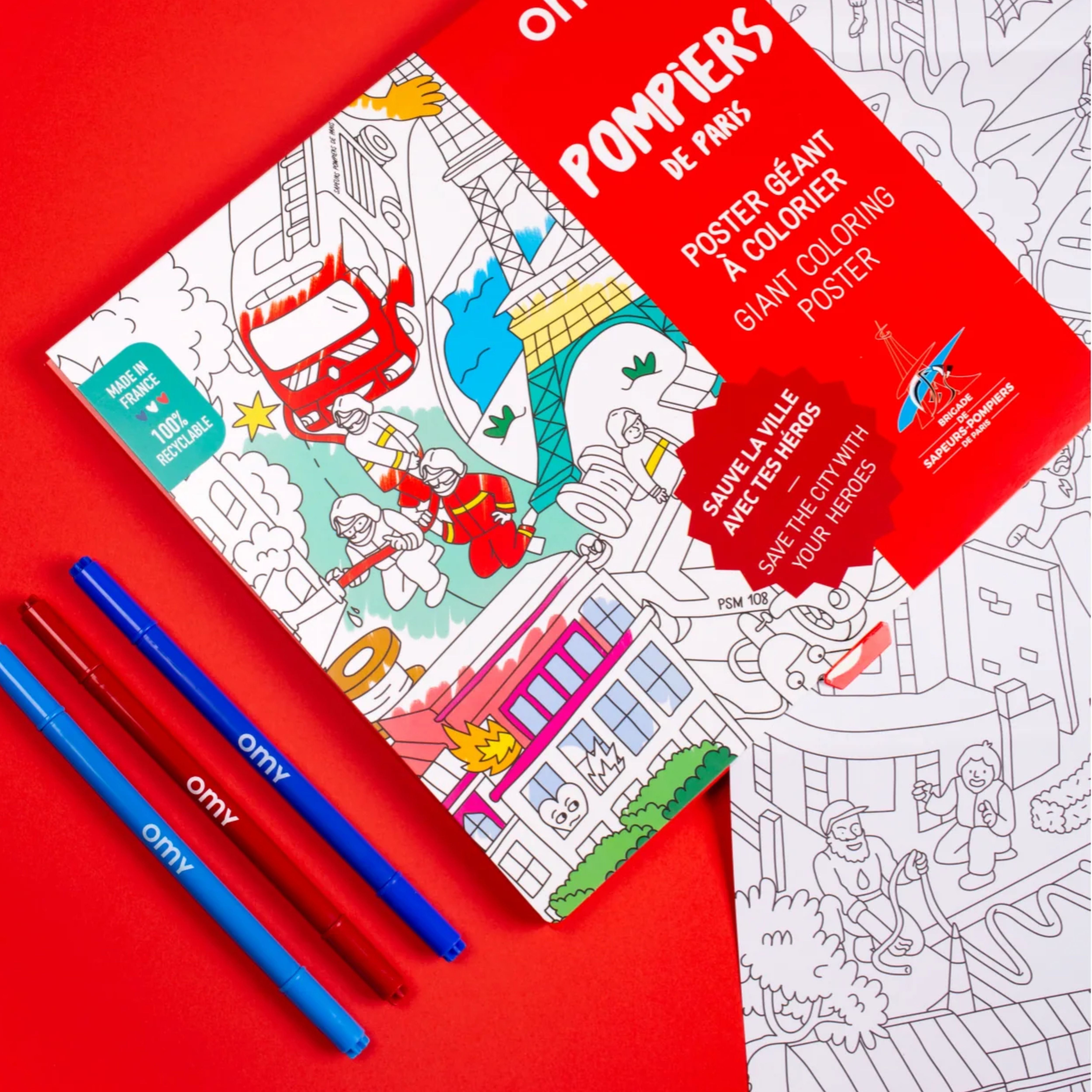 Poster Pompiers de Paris partiellement colorié – caserne et véhicules rouges