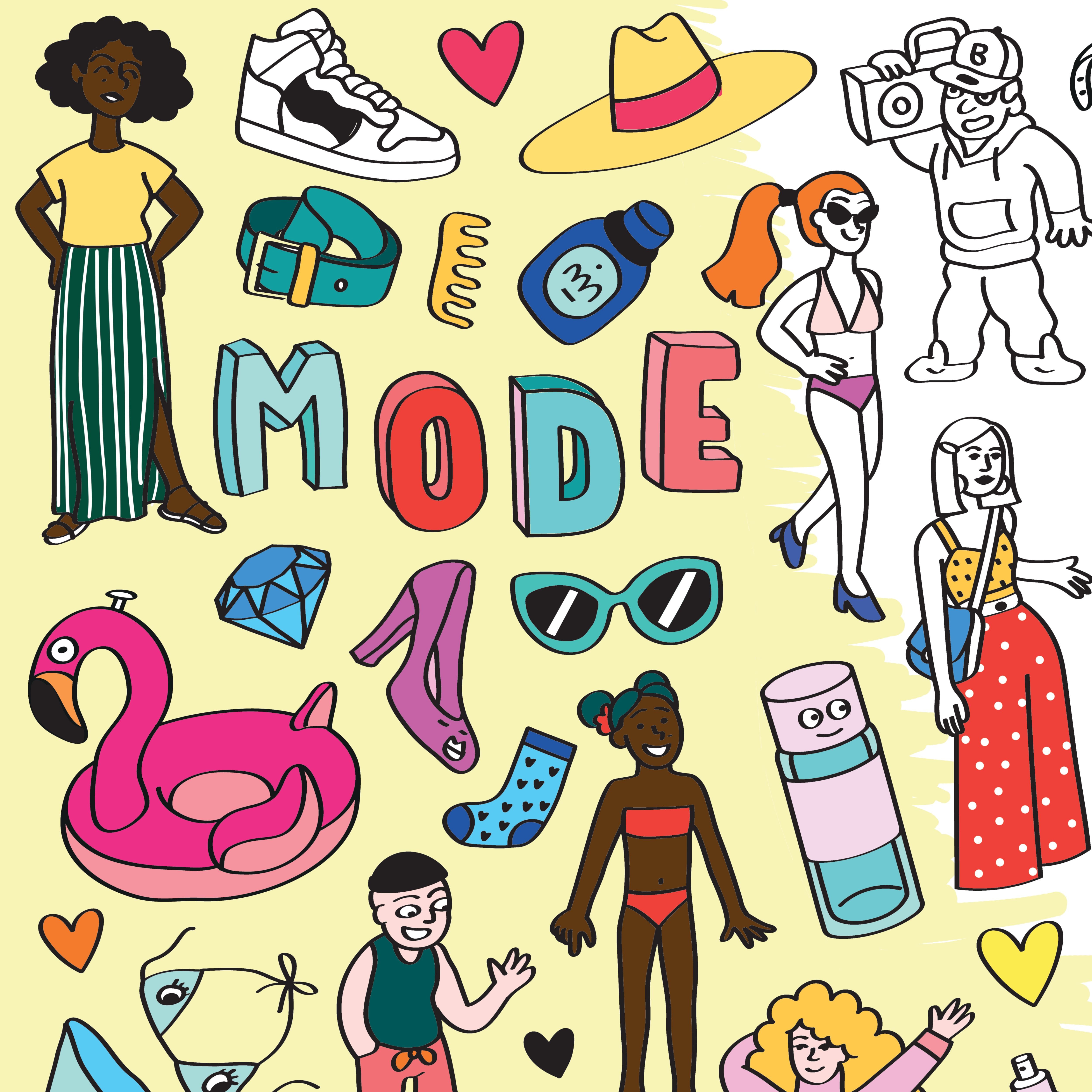 Détail colorié du poster "Stylist" montrant des habits et accessoires fashion