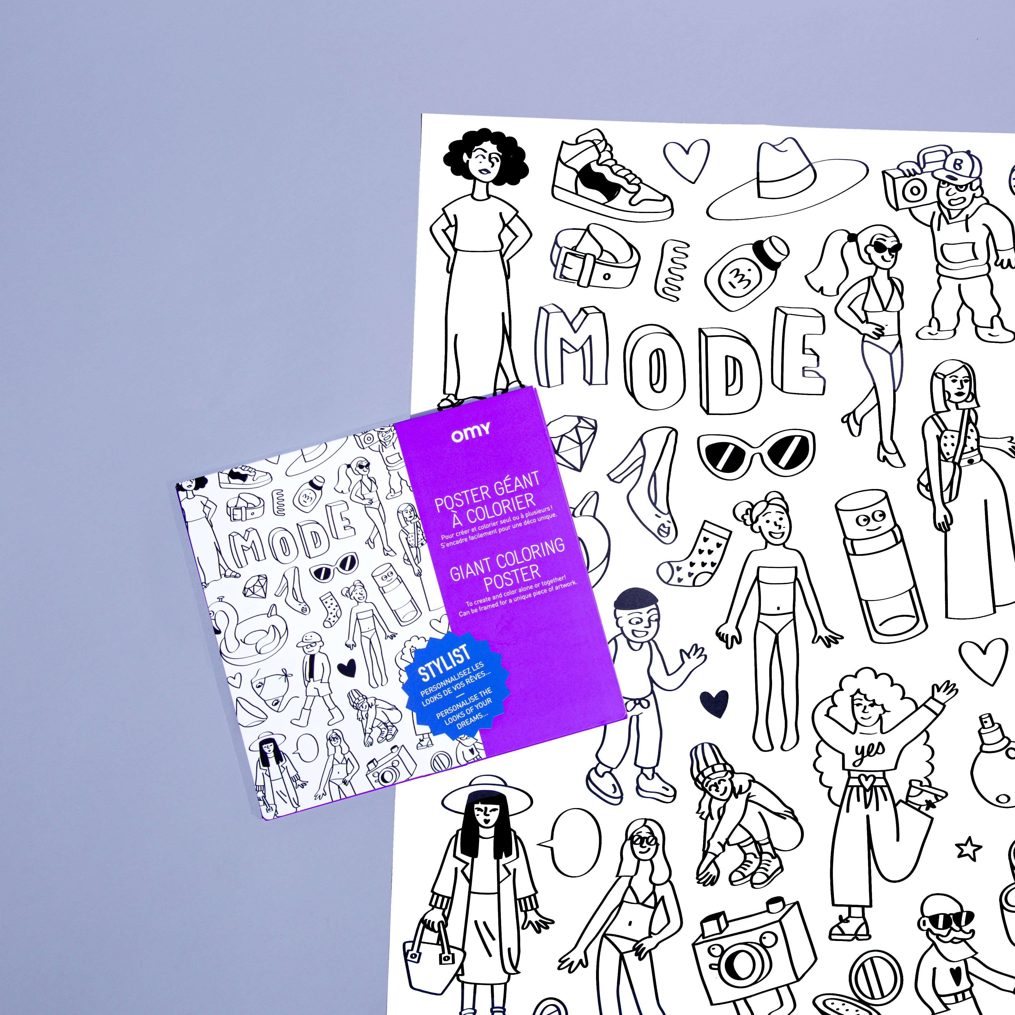 Poster noir et blanc OMY "Stylist" avec vêtements, chaussures et motifs à colorier