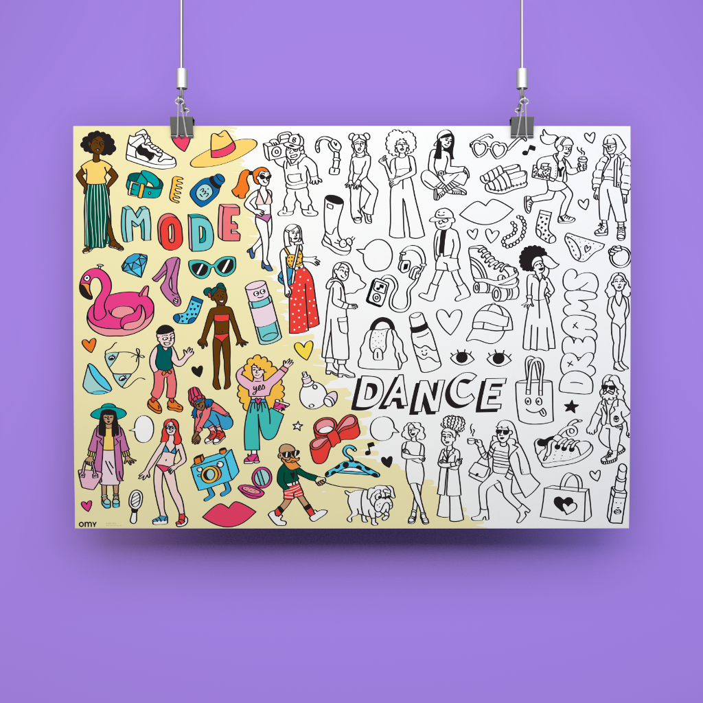 Poster géant à colorier "Stylist" suspendu, rempli de looks et accessoires