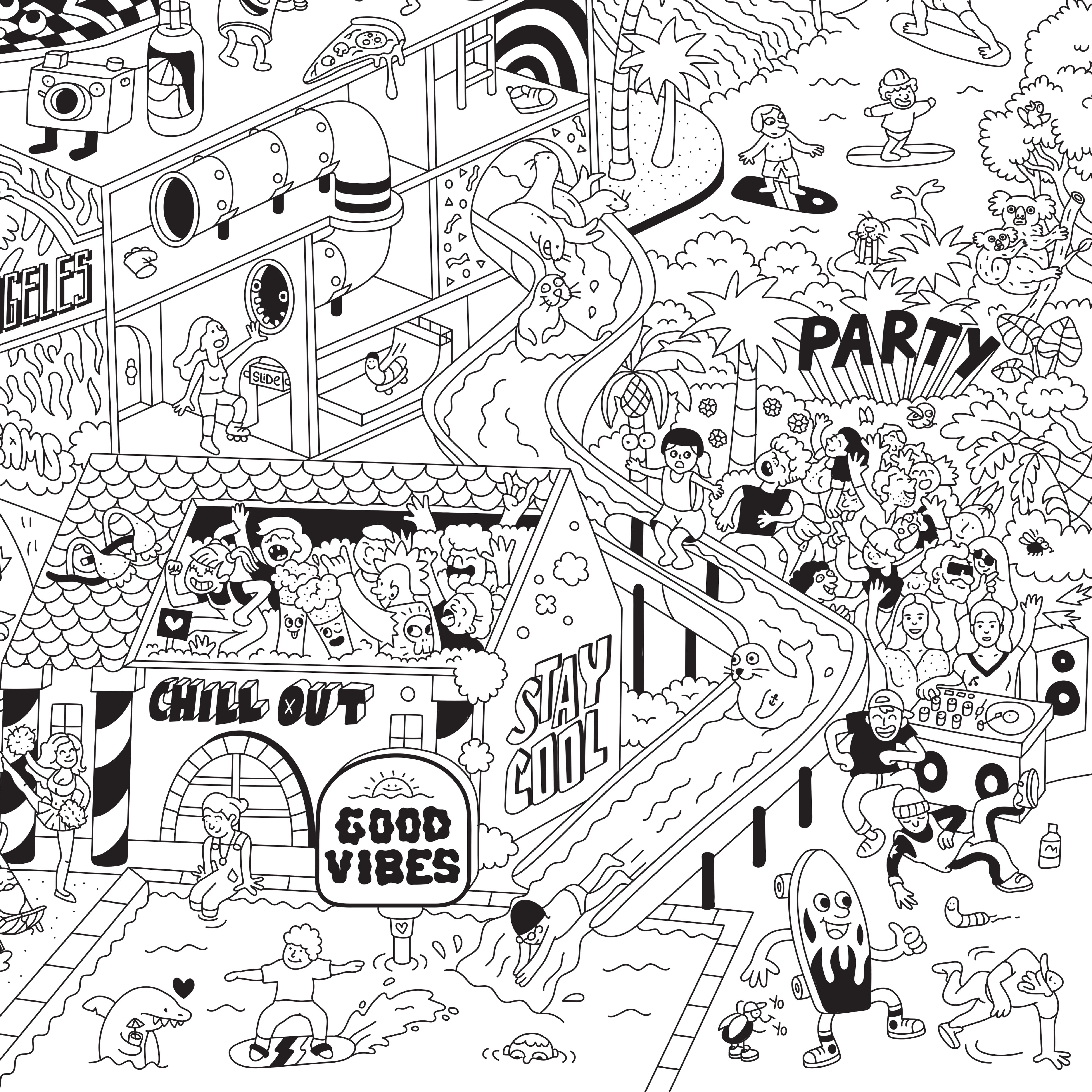 Poster géant Surf & Skate en noir et blanc, rempli de détails à colorier