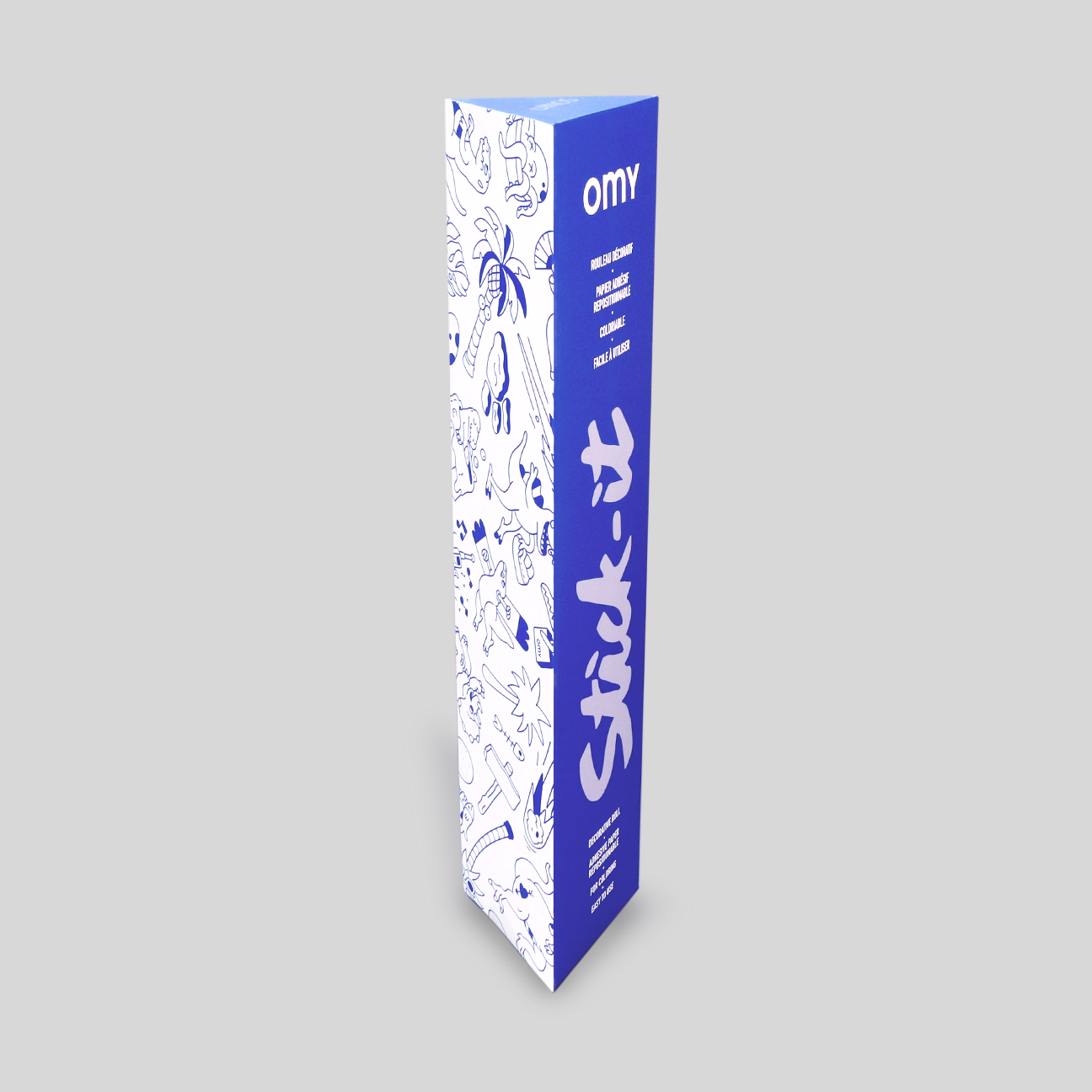 Boîte verticale du rouleau Stick-it Dinos avec design illustré en bleu et blanc