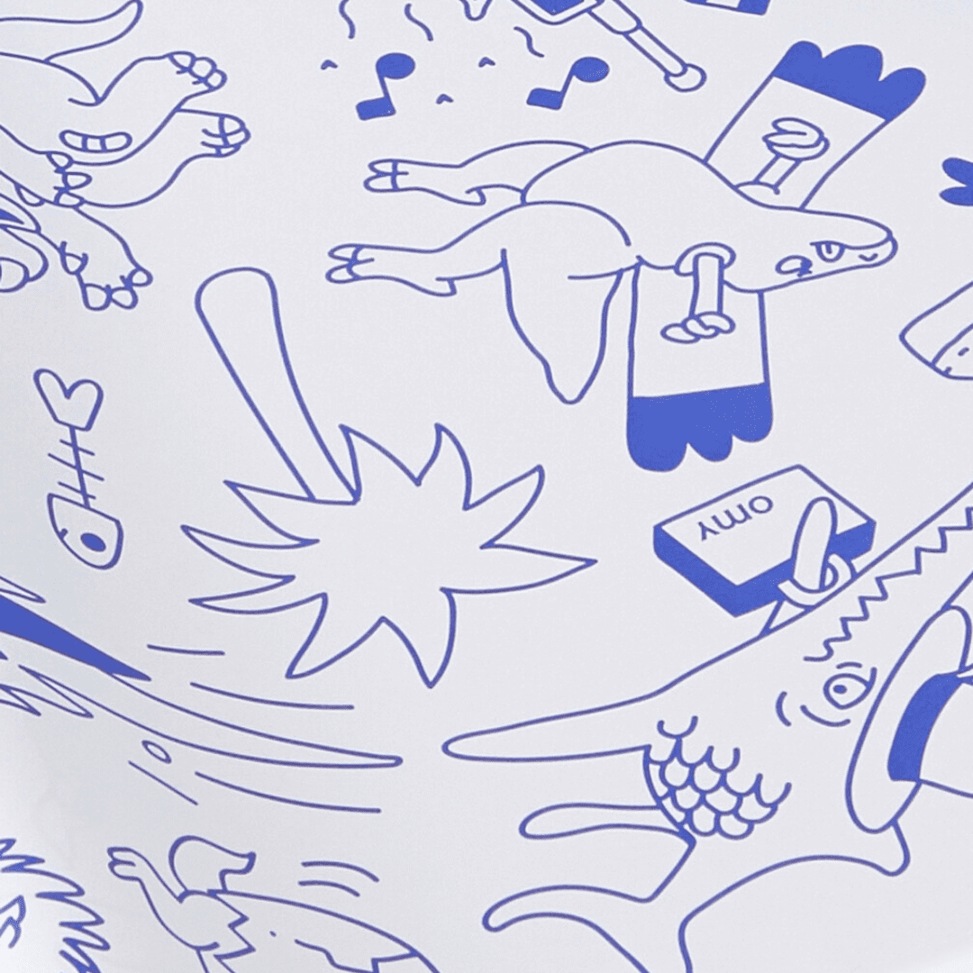 Zoom sur les illustrations amusantes de dinosaures du rouleau Stick-it Dinos à colorier