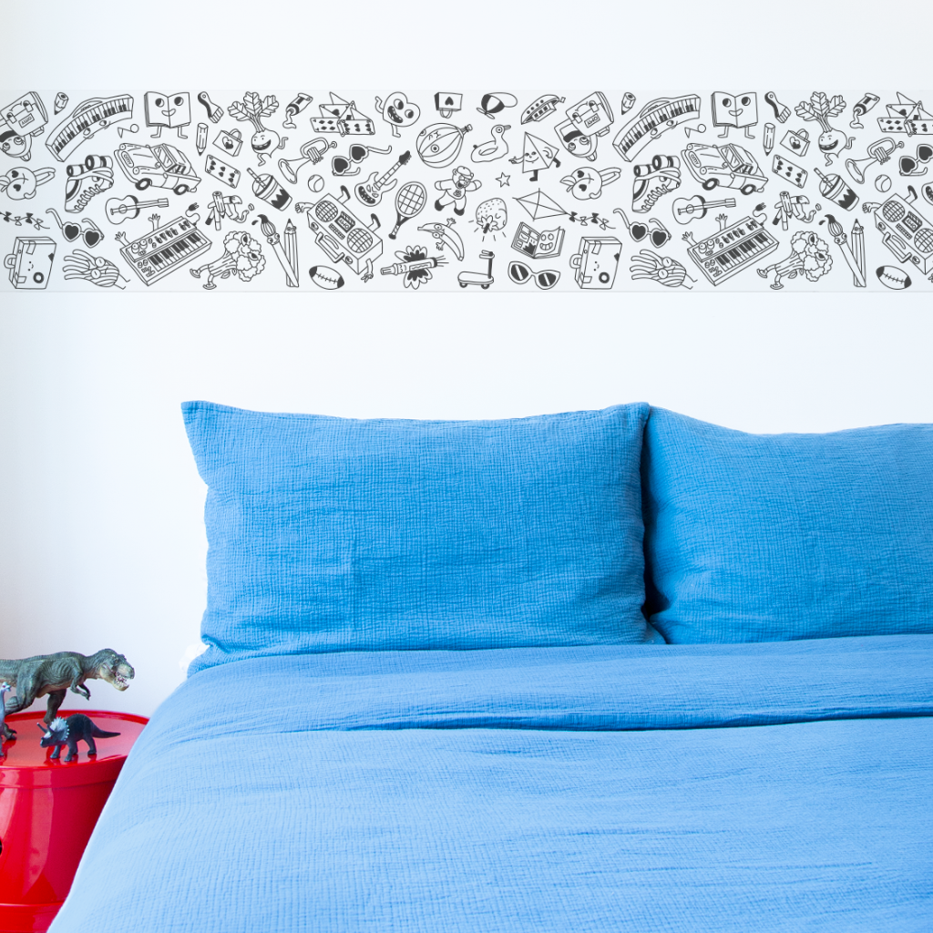 Bande adhésive Stick-it POP posée au mur dans une chambre d’enfant, pour une déco originale à colorier.