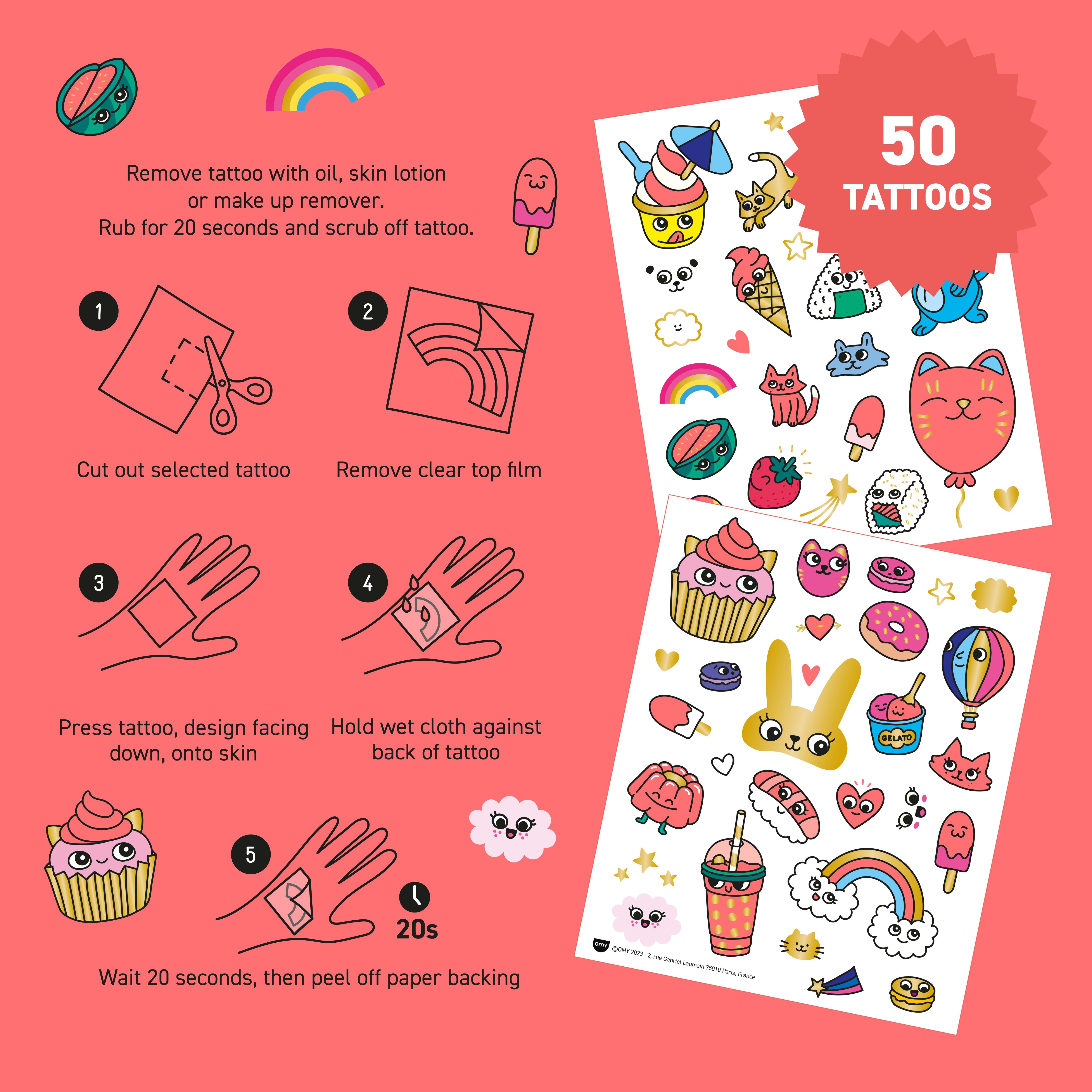 Instructions d’application des tattoos OMY Kawaii – 50 tatouages temporaires mignons et colorés pour enfants