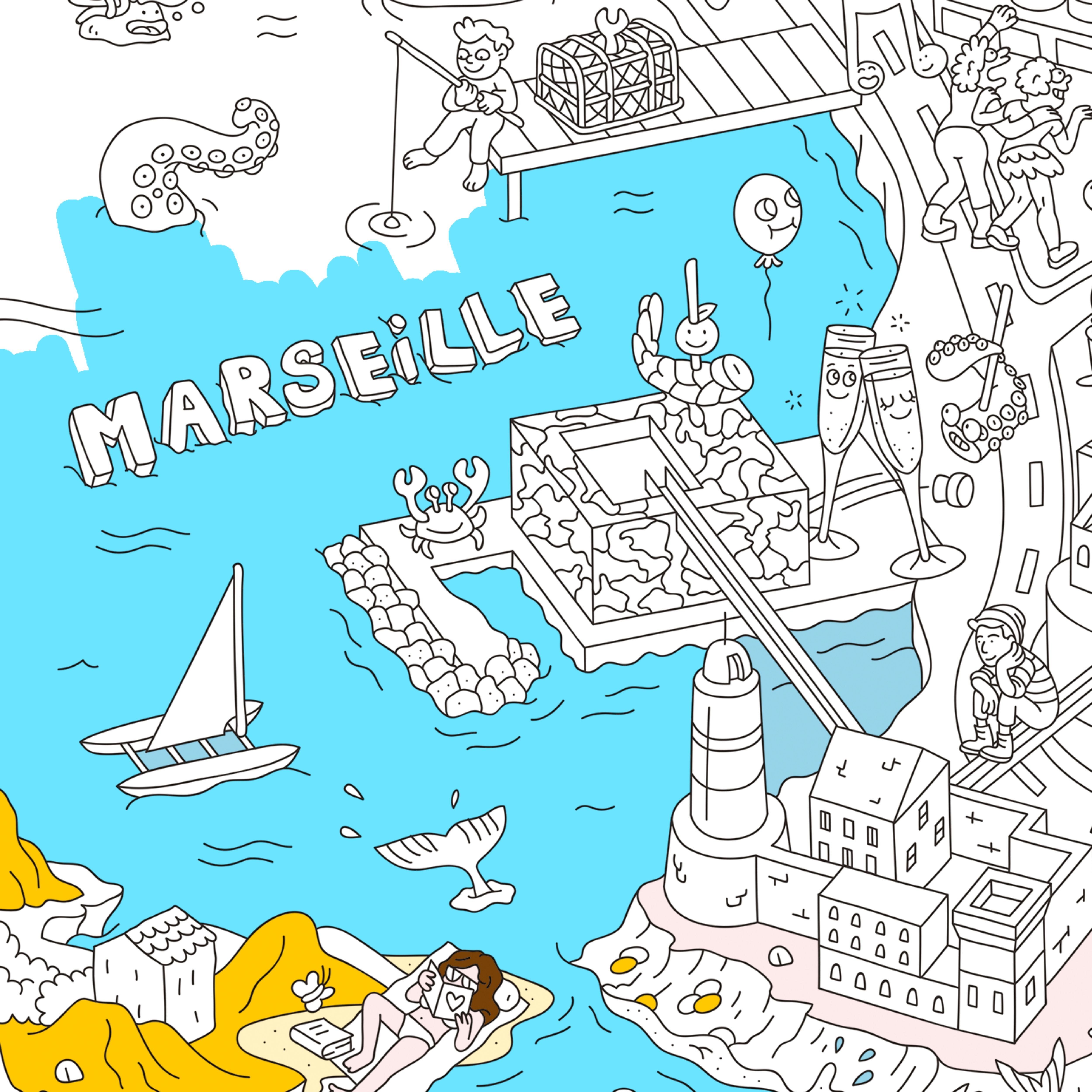 Detalle del póster OMY Marsella para colorear con mapa ilustrado de las calanques y el Mucem