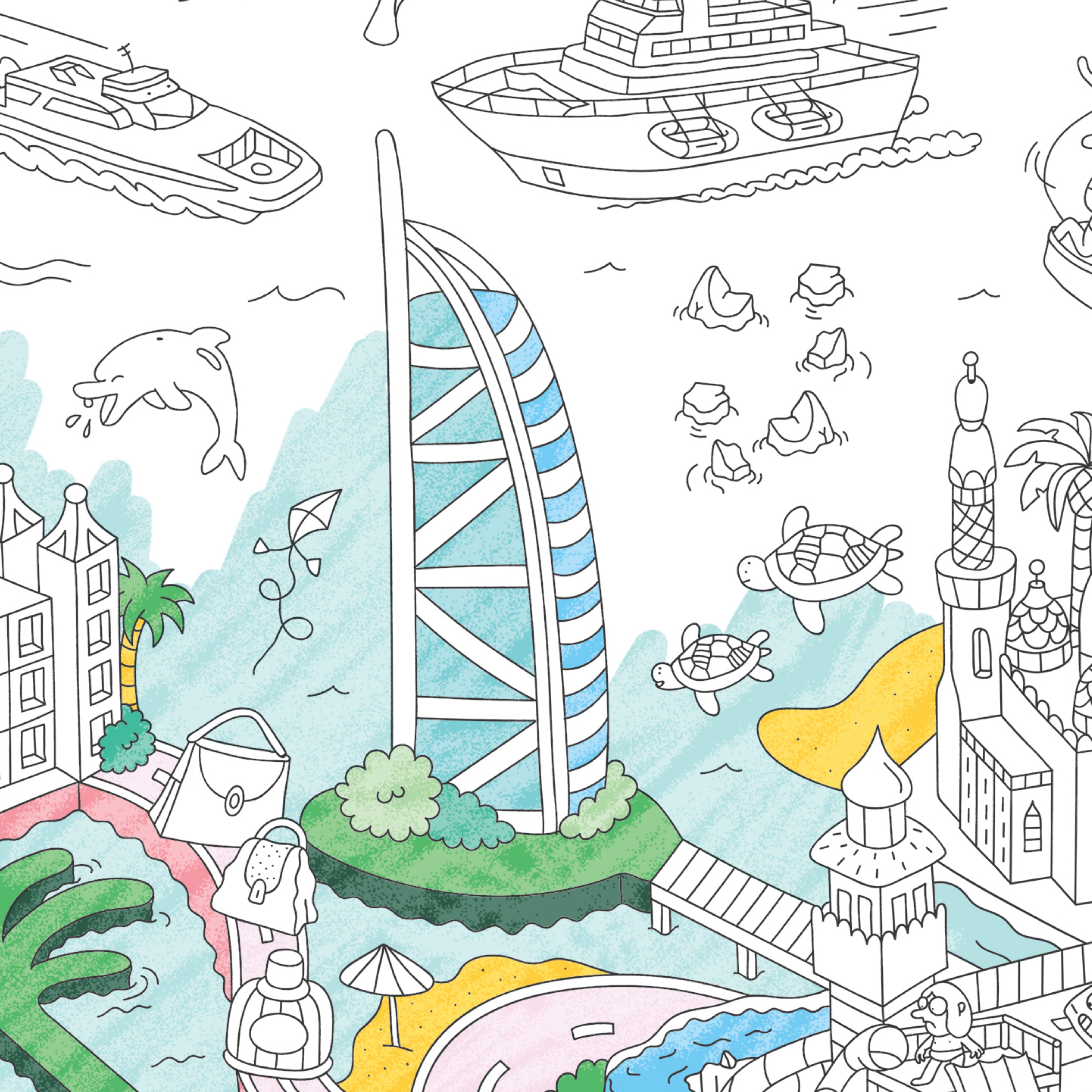 Zoom sur le poster géant Dubai avec gratte-ciel colorié et détails fins
