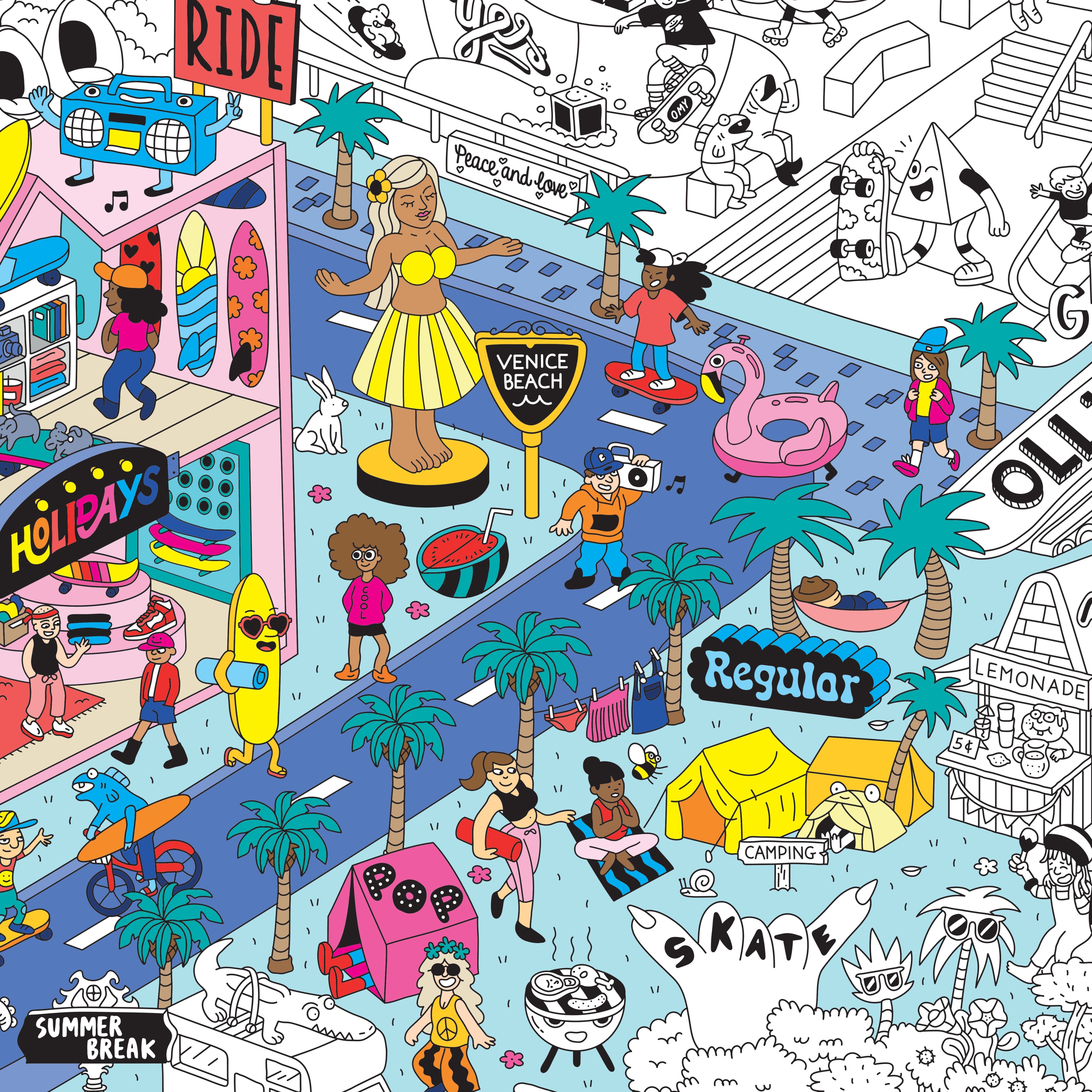 Détail coloré du poster montrant skateurs, vagues et ambiance Californie