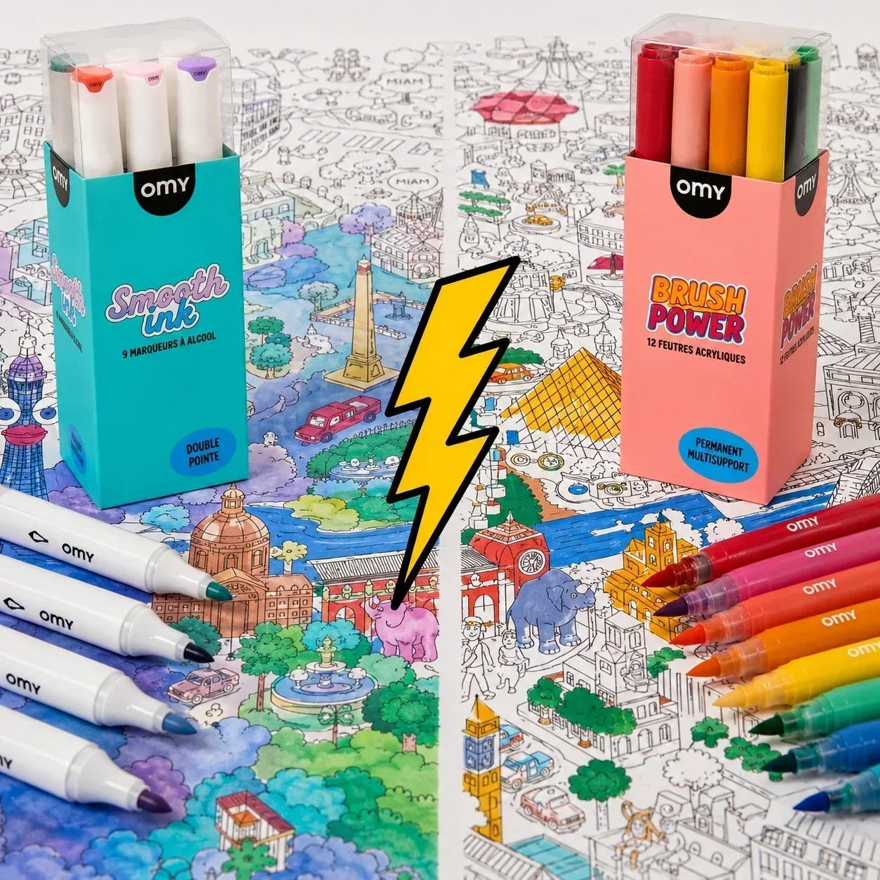 Feutres OMY Smooth Ink et Brush Power sur un coloriage OMY, mettant en avant leurs rendus respectifs.
