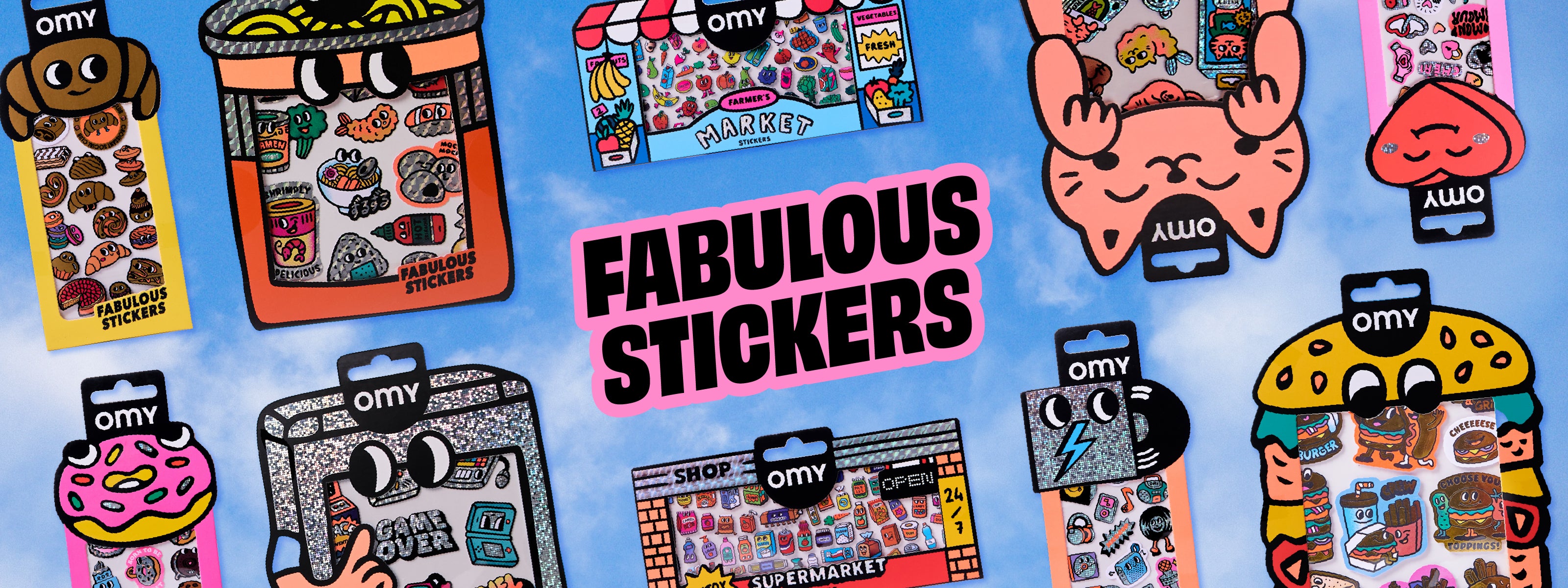 Présentation de la collection Fabulous Stickers OMY avec stickers Big, Iconic et Boutique, designs kawaii et food, vinyle résistant, à coller partout, offres multi-achats.