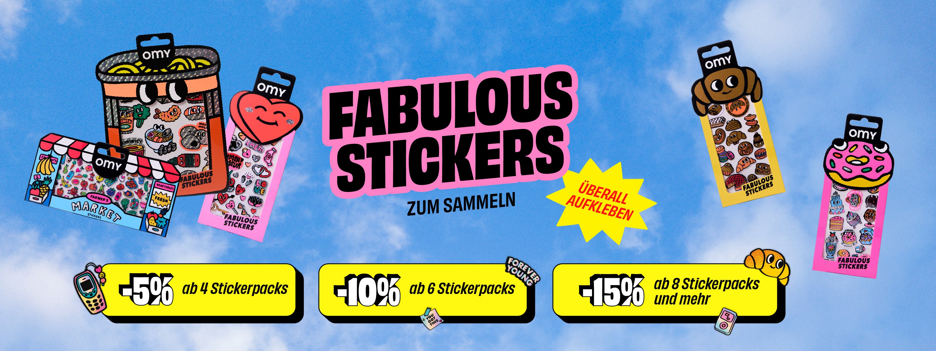 OMY Fabulous Stickers Kollektion: bunte und verspielte Vinylsticker zum Sammeln, Big-, Iconic- und Boutique-Formate, Food- und Kawaii-Designs, überall aufklebbar mit Angeboten.