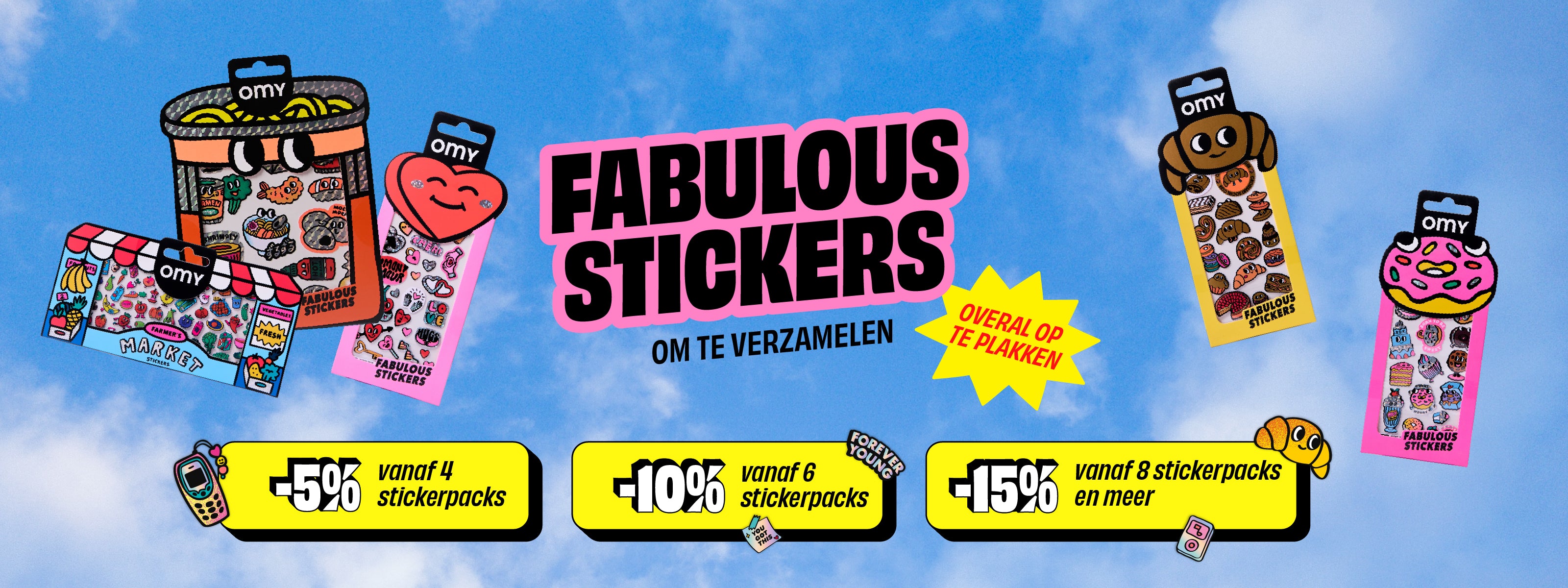OMY Fabulous Stickers collectie: kleurrijke en speelse vinylstickers om te verzamelen, Big-, Iconic- en Boutique-formaat, food- en kawaii designs, overal op te plakken met acties.
