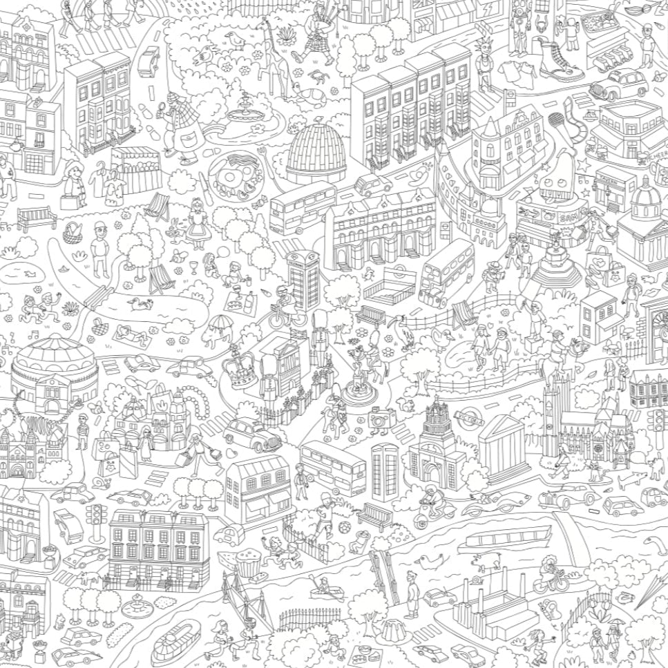 Detalle del póster gigante para colorear OMY London: dibujo en blanco y negro de Londres para colorear, con autobús de dos pisos, cabinas telefónicas, Big Ben, casas victorianas, parques y el Támesis.