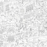Dettaglio del poster gigante da colorare OMY London: disegno in bianco e nero di Londra da colorare, con autobus a due piani, cabine telefoniche, Big Ben, case vittoriane, parchi e il Tamigi.
