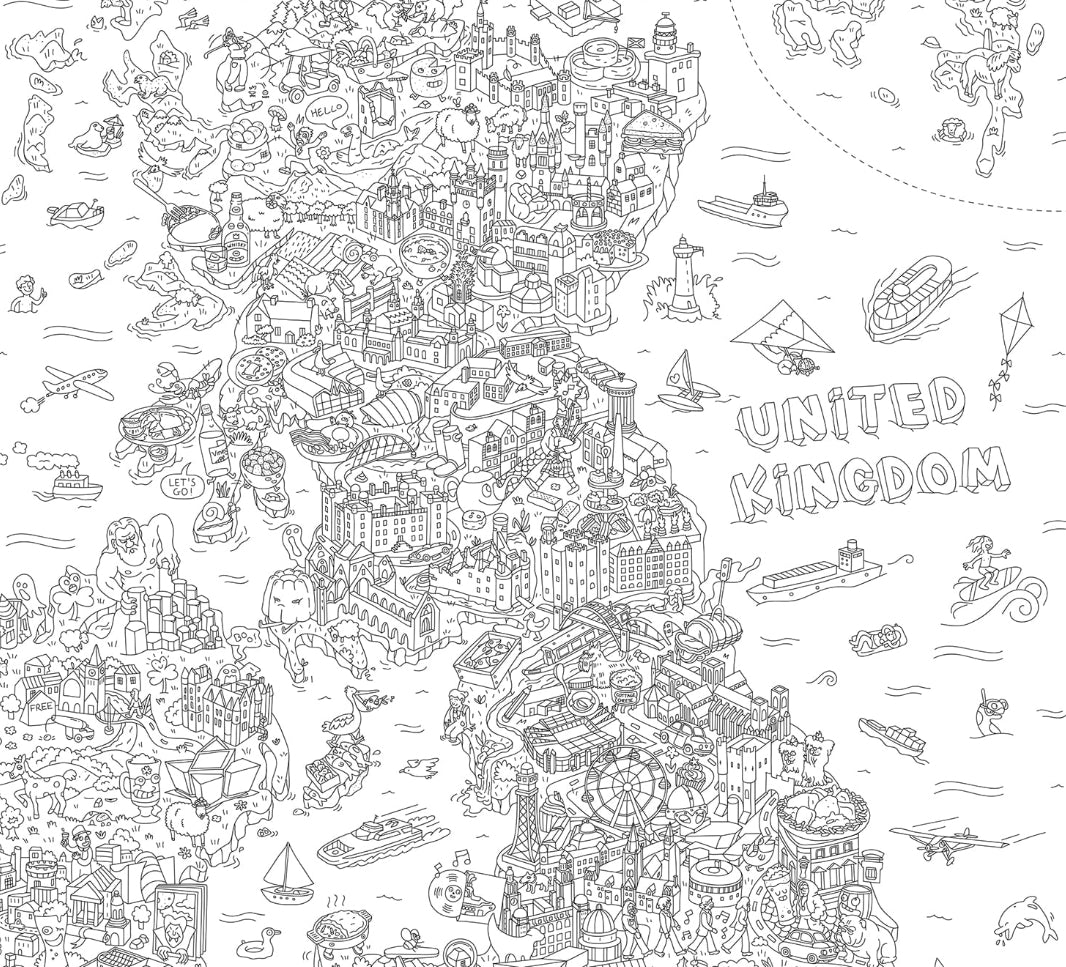 Detalle del rollo gigante XXL para colorear OMY UK: mapa ilustrado del Reino Unido para colorear, con ciudades, castillos y barcos.