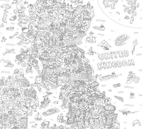 Détail du rouleau de coloriage géant XXL UK OMY : carte illustrée du Royaume-Uni à colorier avec villes, châteaux et bateaux