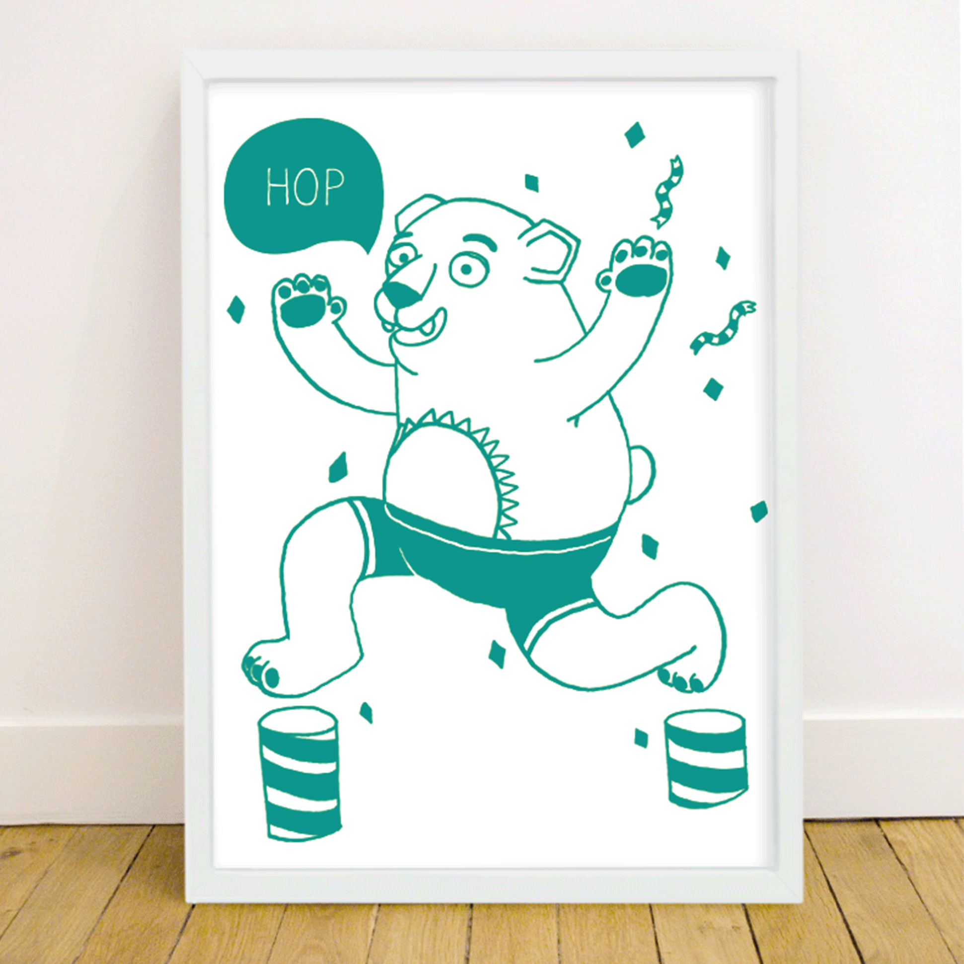 Affiche phosphorescente OMY ourson « Hop » qui brille dans le noir : étoiles, lune et ourson endormi lumineux vert