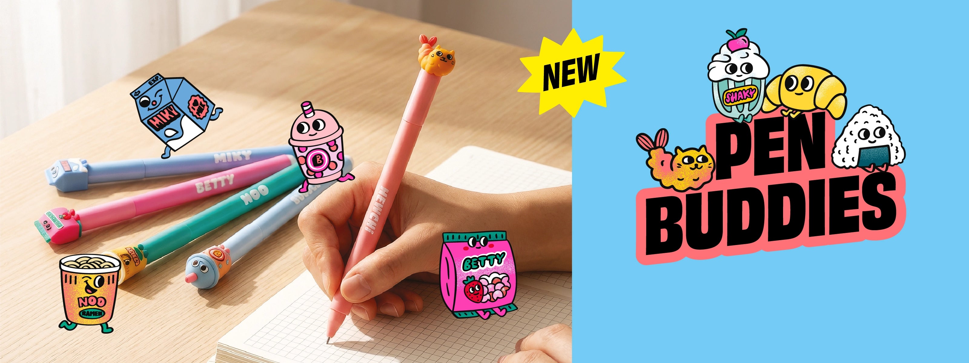 Bannière OMY Pen Buddies – stylos kawaii aux personnages rigolos Betty, Shaky et Noo, nouvelle collection de stylos originaux pour enfants disponible sur omy